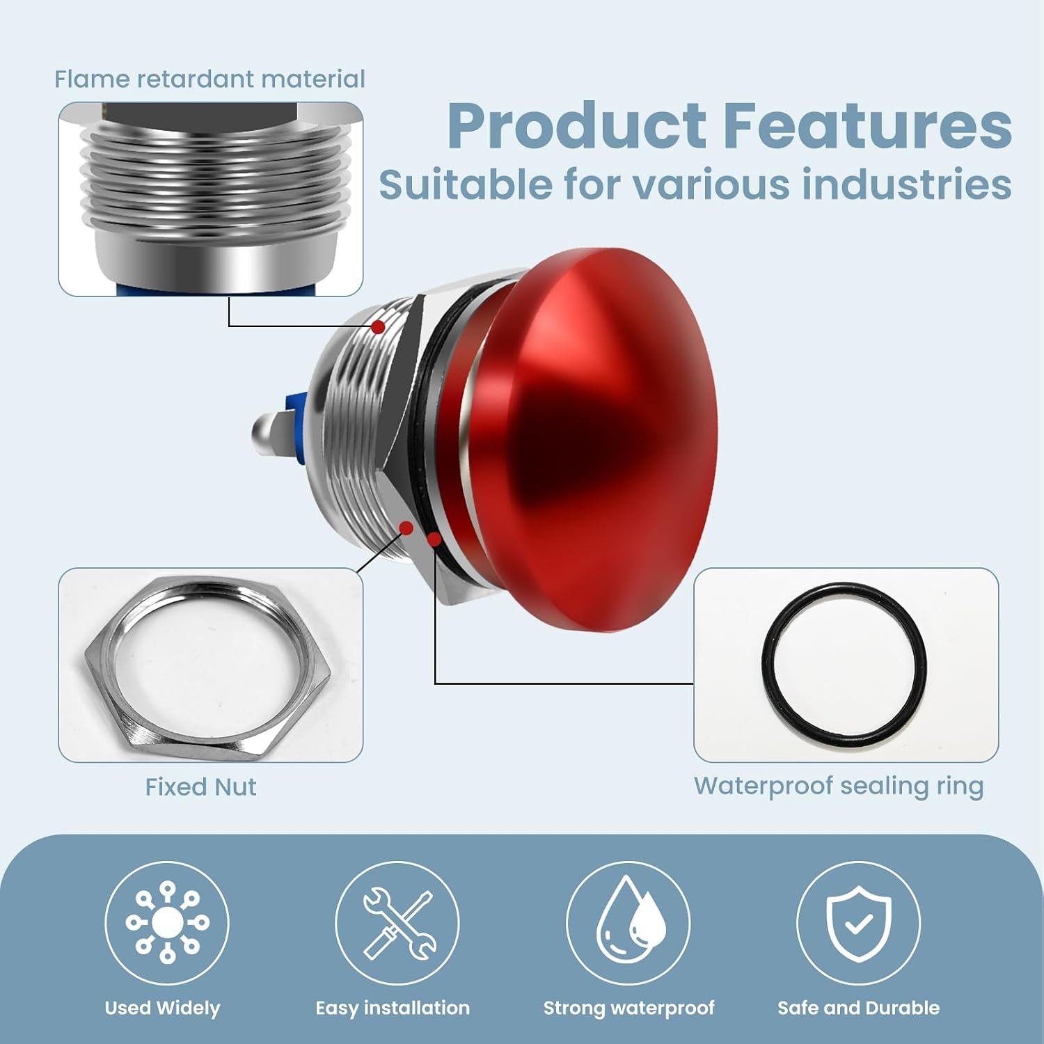 Momentary Push Button Switch Red Mushroom Head IP65 Waterproof 12V 24V 110V 250V