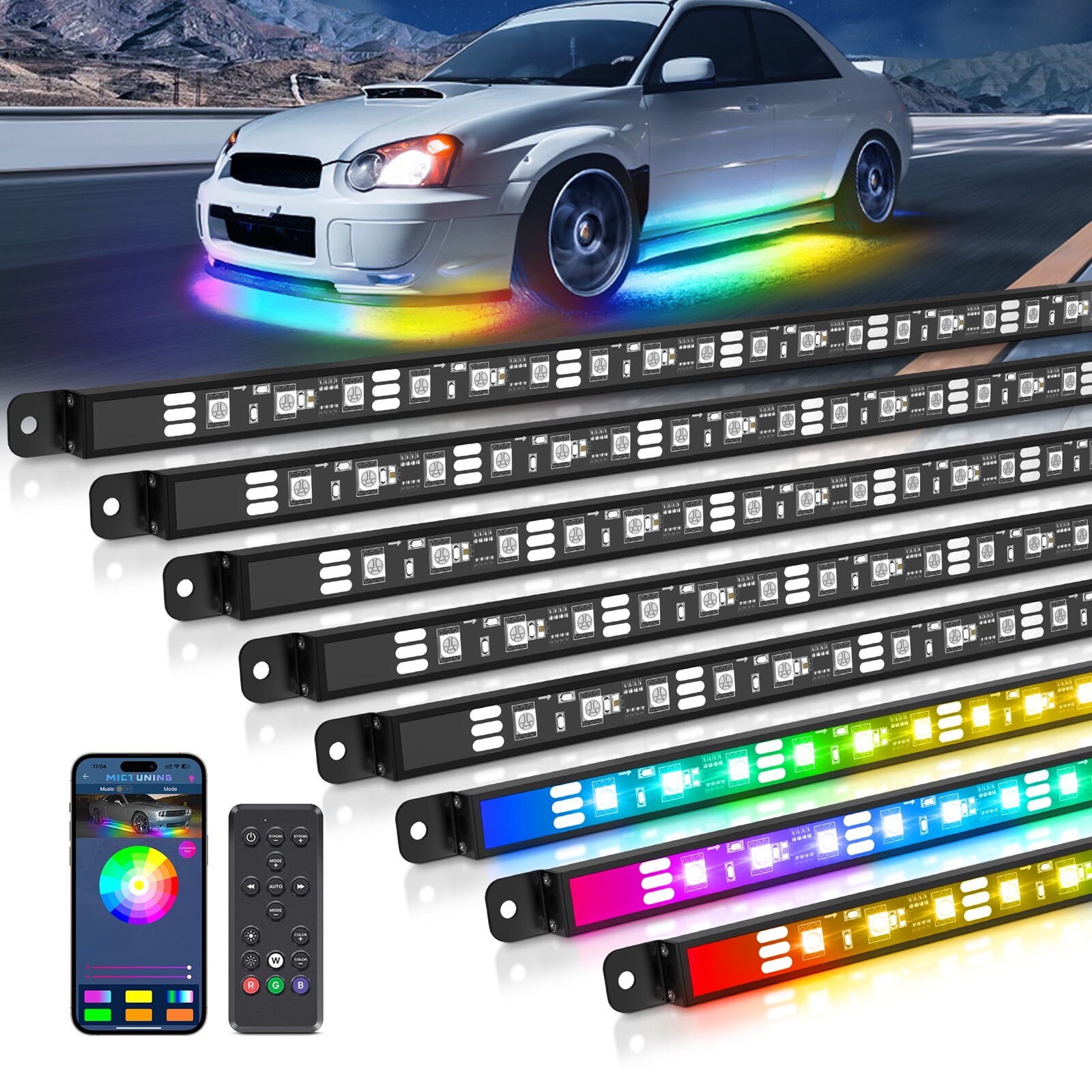 Bluetooth 8PCS RGB Car LED Underglow Lights Strip Dream Color Chasing Lights Kit