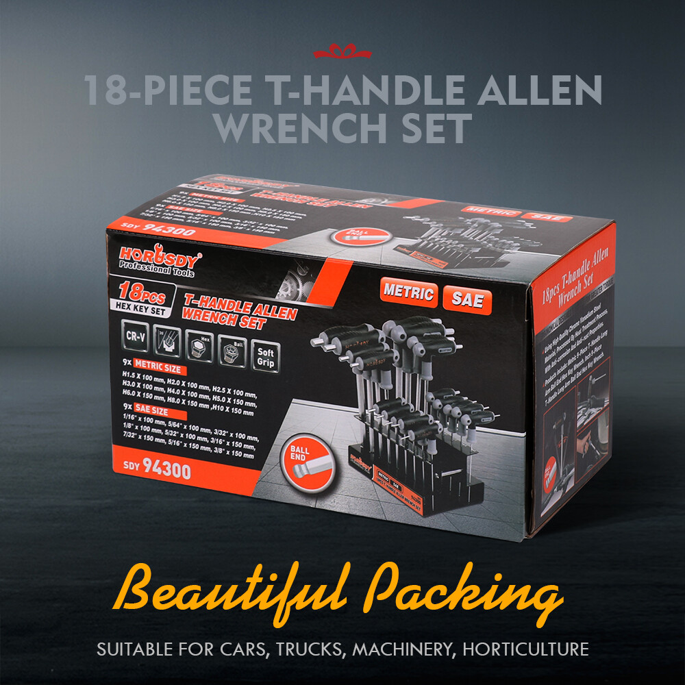 18 Pc SAE & Metric T Handle Allen Wrench Ball End Hex Key Set w/ Storage Stand
