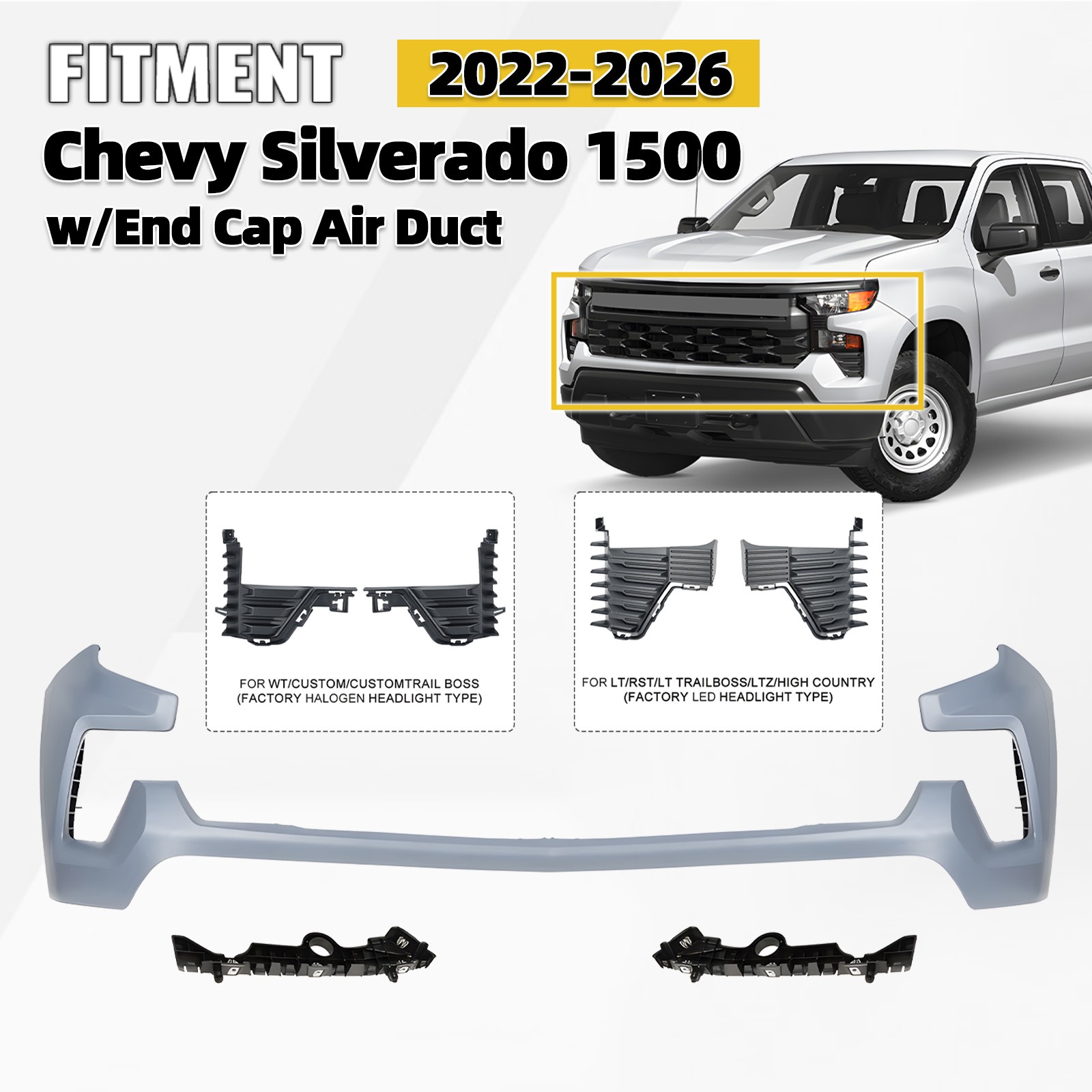 Front Upper Bumper Cover For 2022-2026 Chevy Silverado 1500 w/ End Cap Air Duct