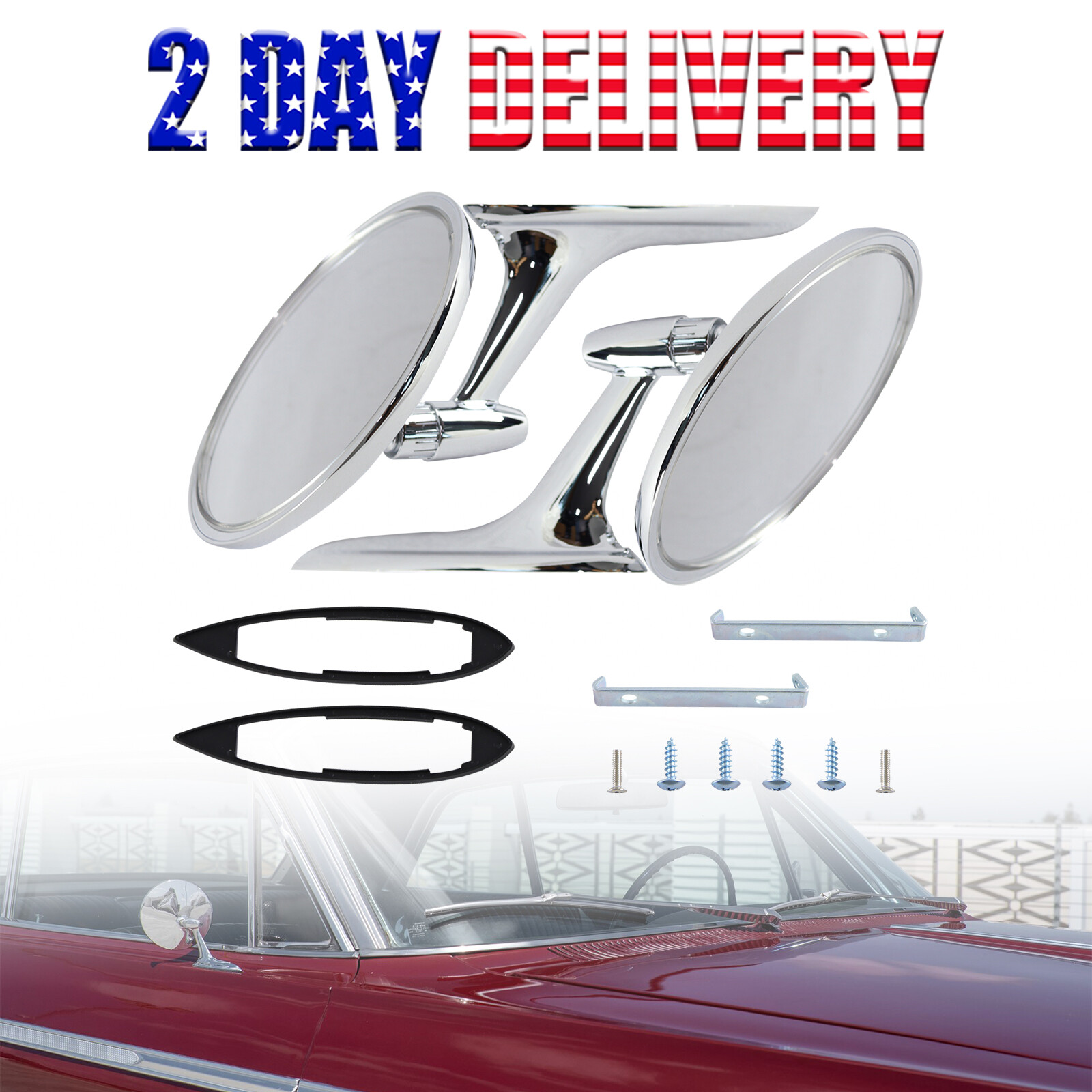 Round Outside Rearview Mirrors Ribbed Base For 1963-65 Chevy Impala Nova