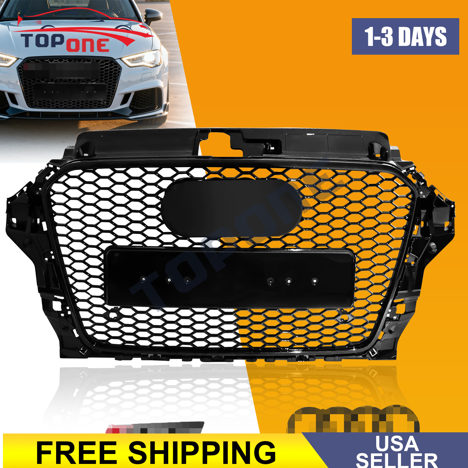 For 2014-2016 Audi A3 S3 Quattro 8V RS3 Style Front Bumper Grille Glossy Black
