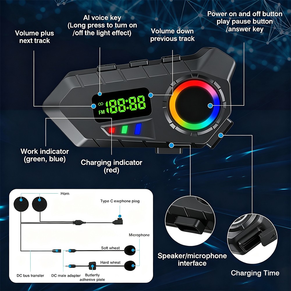 Motorcycle Helmet Bluetooth Headset 6.0 Speakers FM Waterproof Hands-Free Mic
