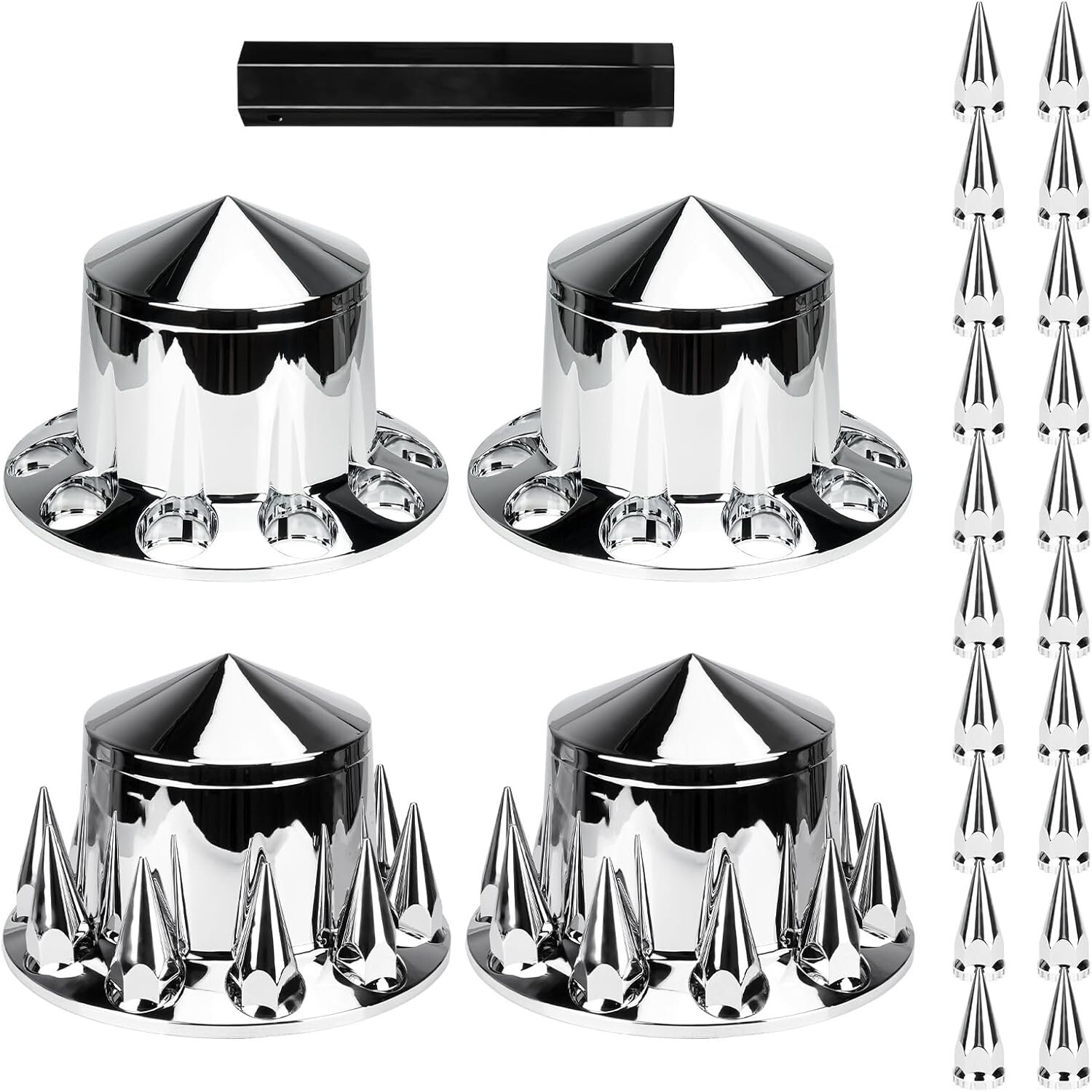 Spiked Rear Chrome Axle Cover Kits Semi Truck Hub w/ Screw on 33mm Lug Nut