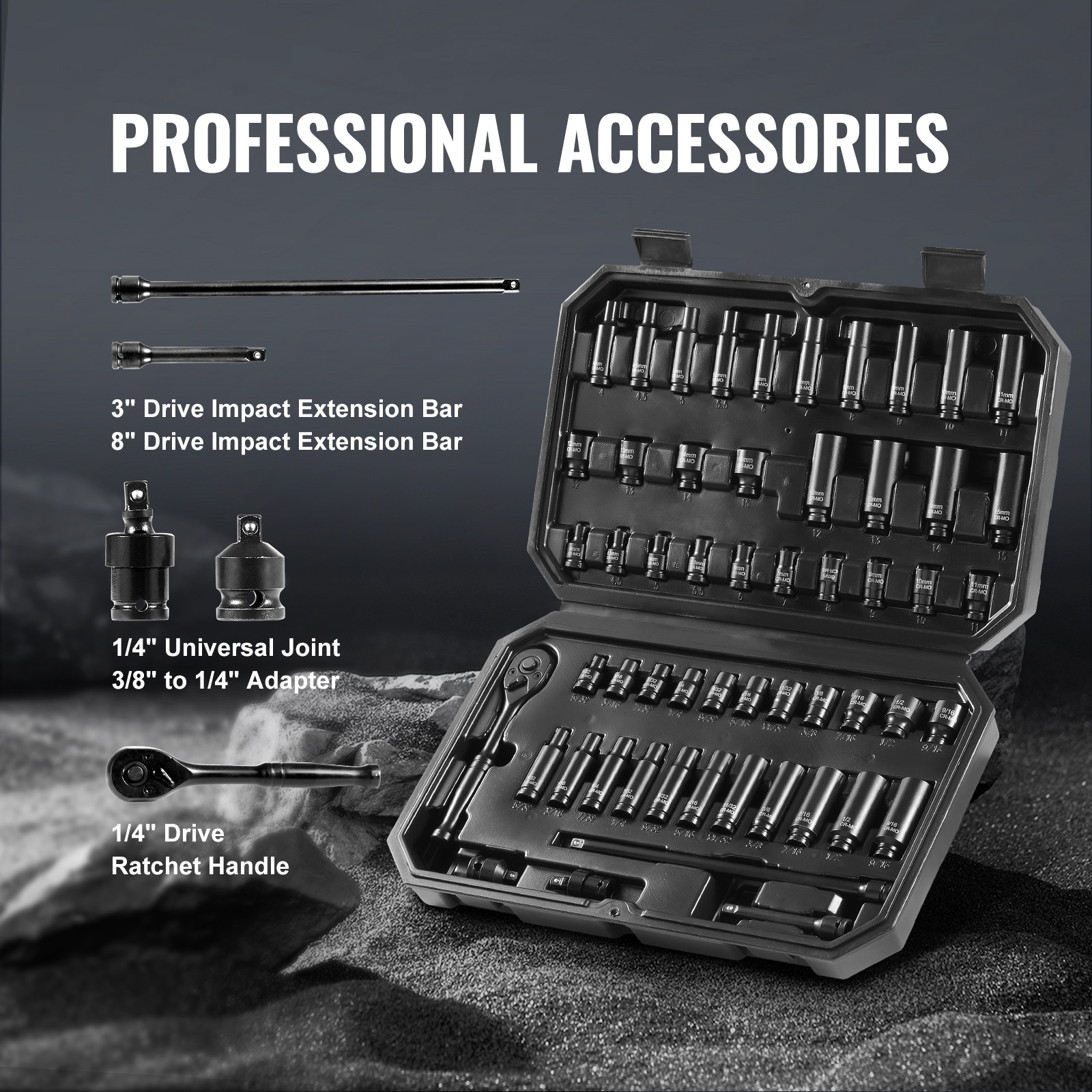 VEVOR Impact Sockets Set 55pcs 6-Point 1/4″ Drive Bit Ratchet Tool Kit Case