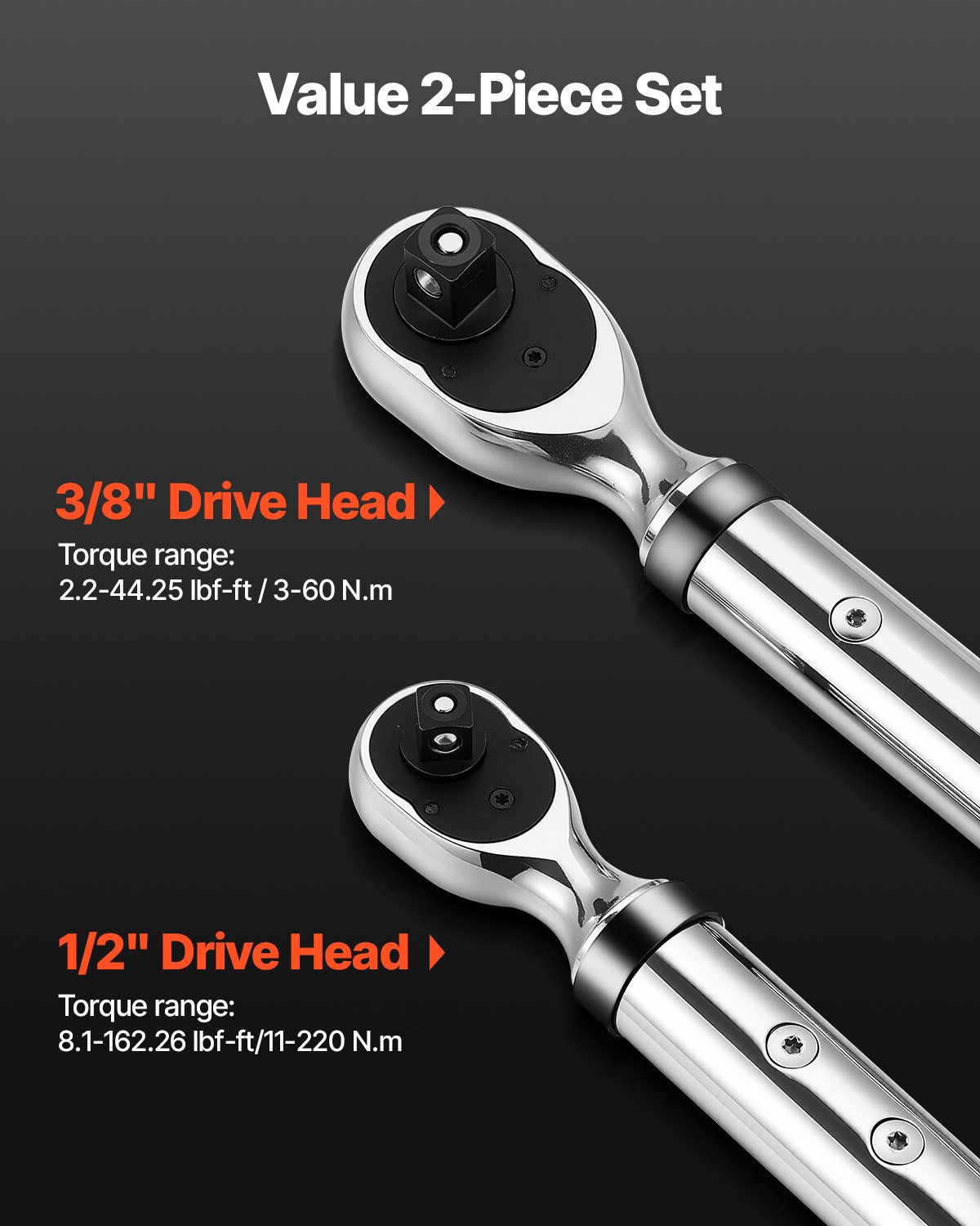 VEVOR Digital Torque Wrench Set 2Pieces 1/2 3/8In Drive 72-Tooth Electronic LED
