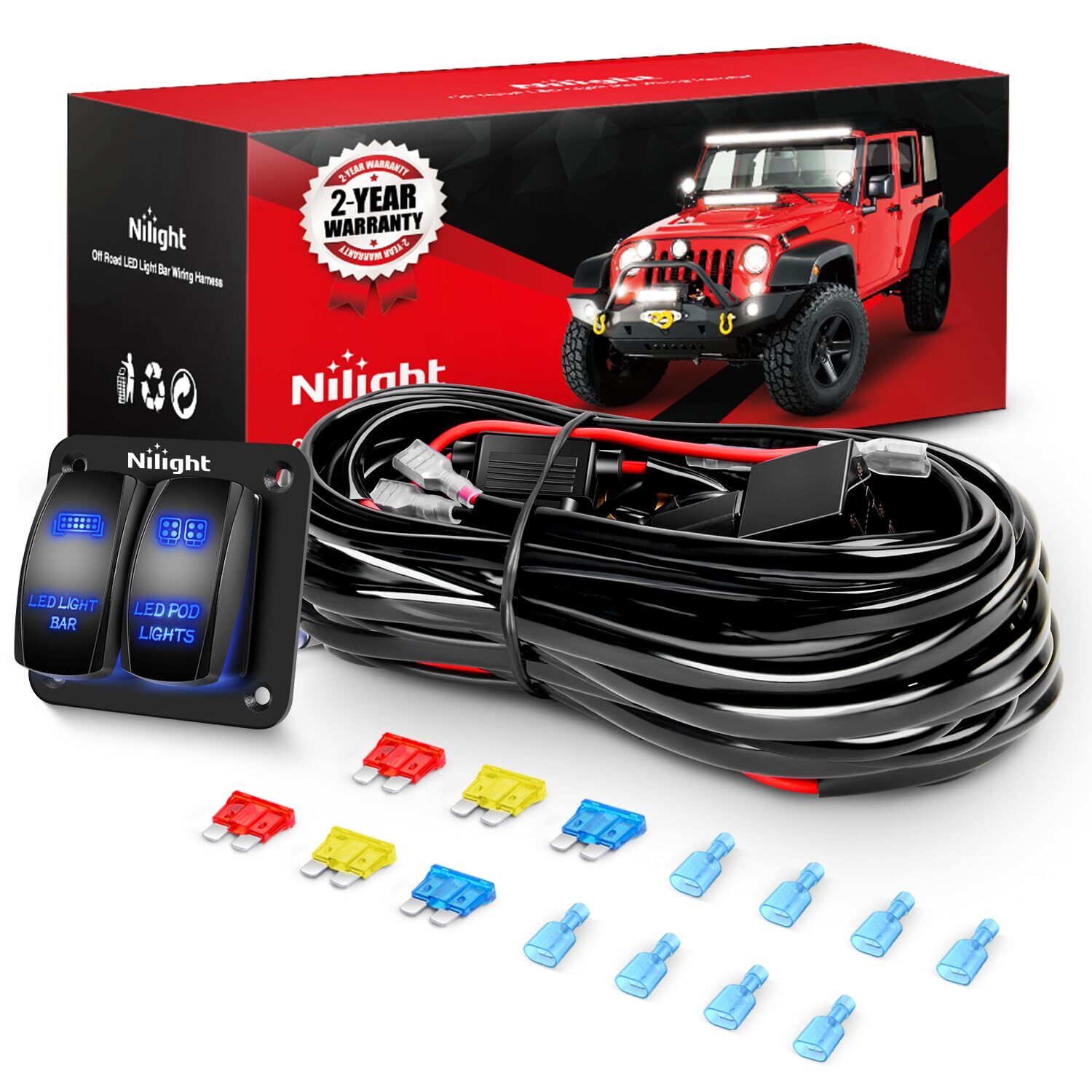 Nilight 16AWG LED Light Bar Wiring Harness Kit 12V On/Off Rocker Switch Panel