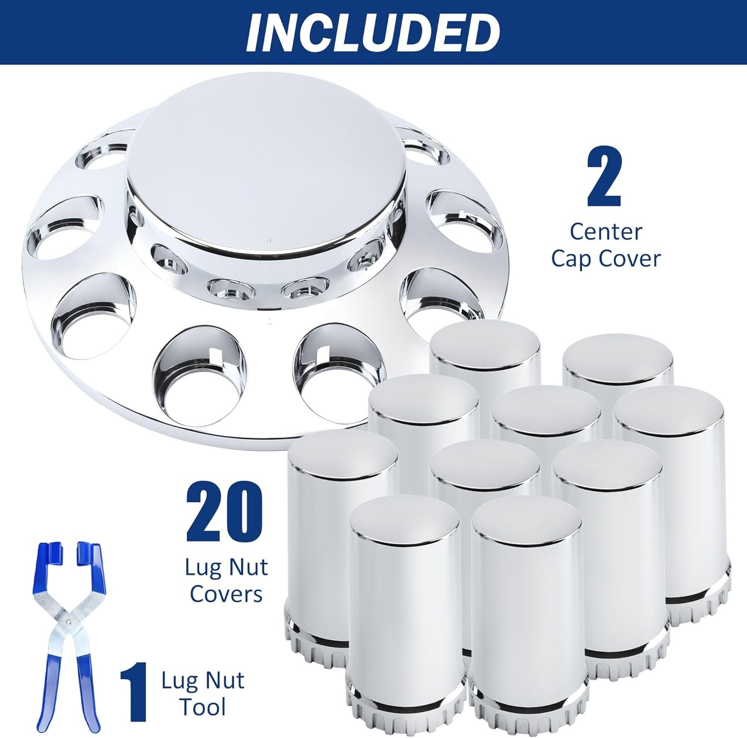 Chrome Front Hub Wheel Axle Cover w/ 33mm Thread-on Cylinder Lug Nuts Semi Truck