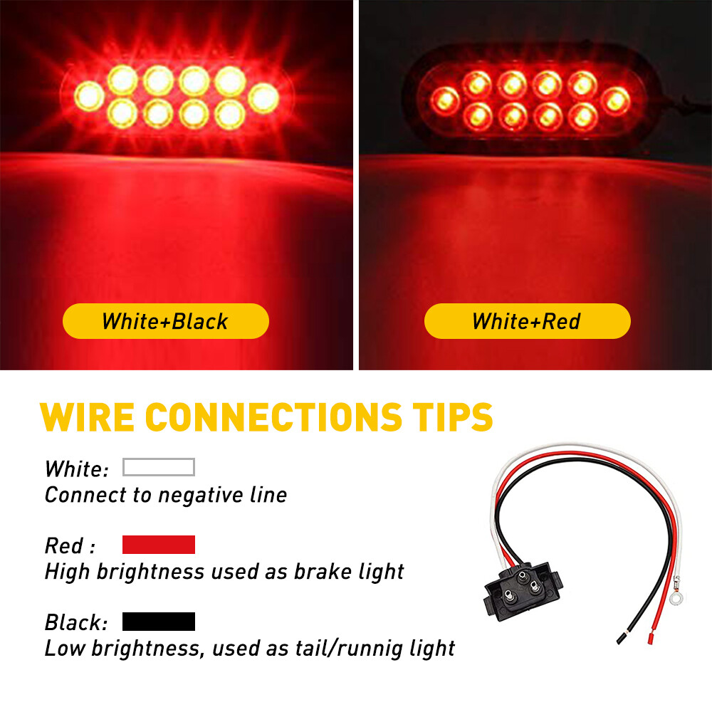 2 Red 6″ Oval Trailer Lights 10LED Stop Turn Tail Truck Sealed Grommet Plug ip67