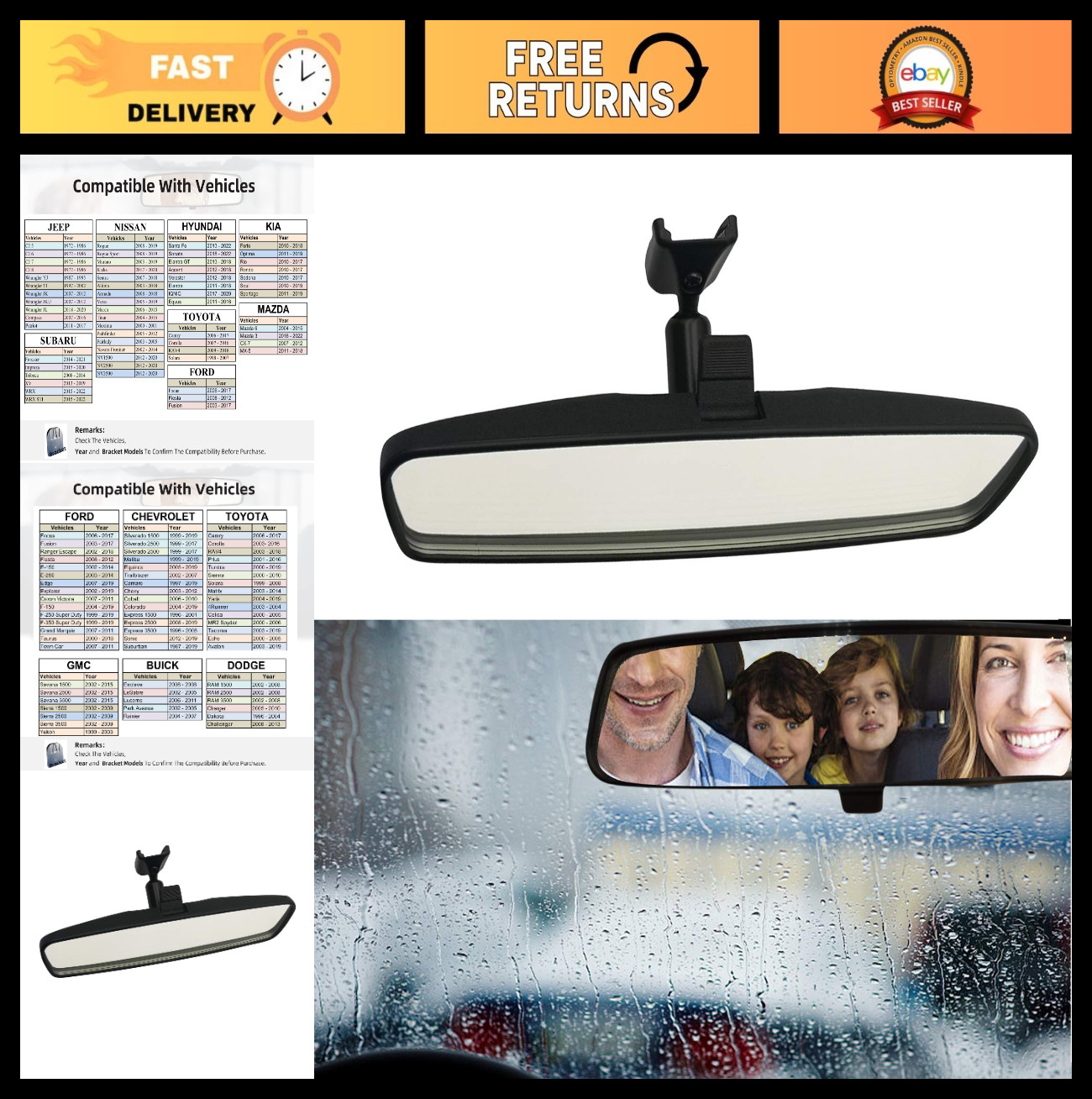 10.5″ Anti-Glare Interior Rear View Mirror Kit for Toyota, Ford, Jeep, Nissan, H