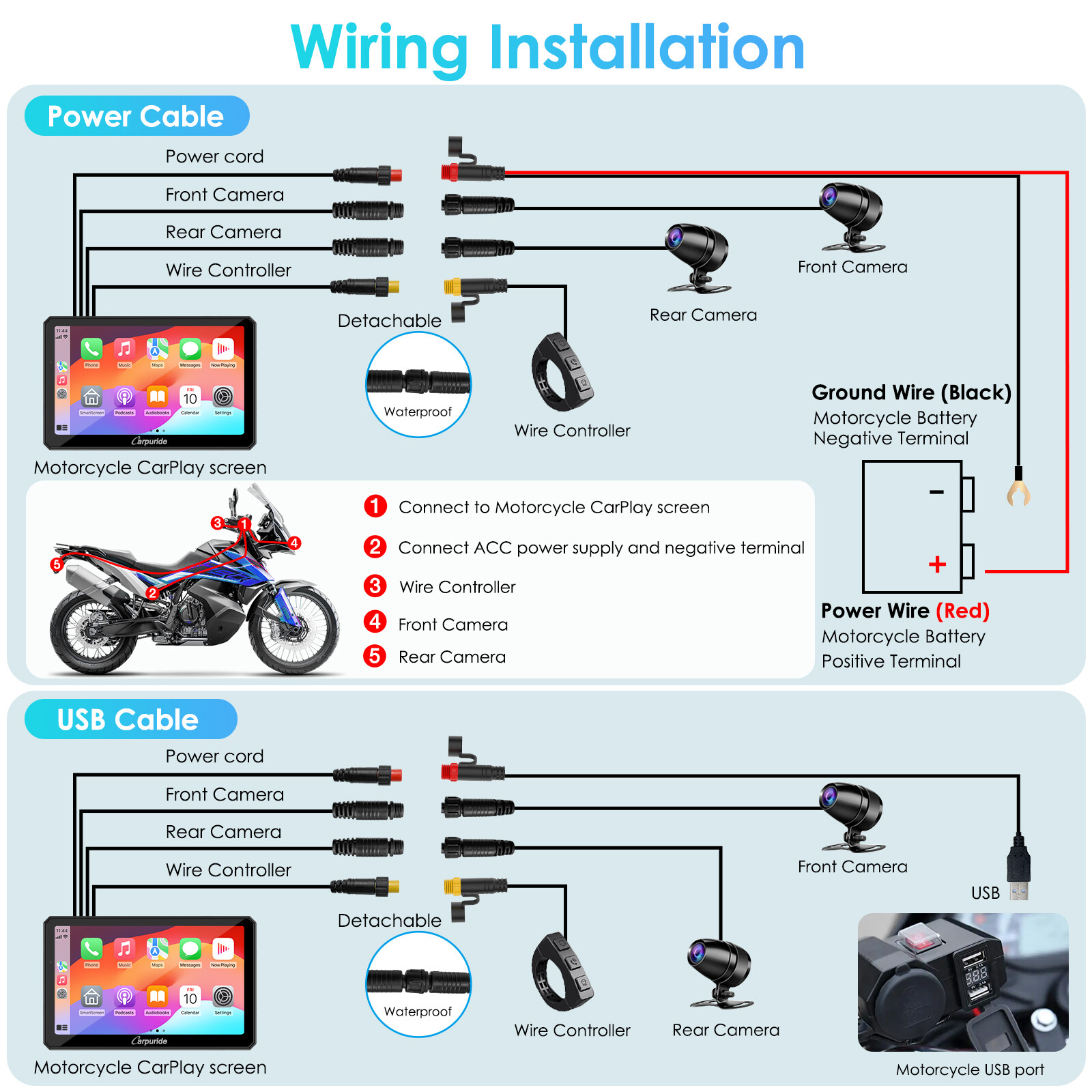 Carpuride W712D Moto Stereo Waterproof Dual Camera Wireless Carplay Android Auto
