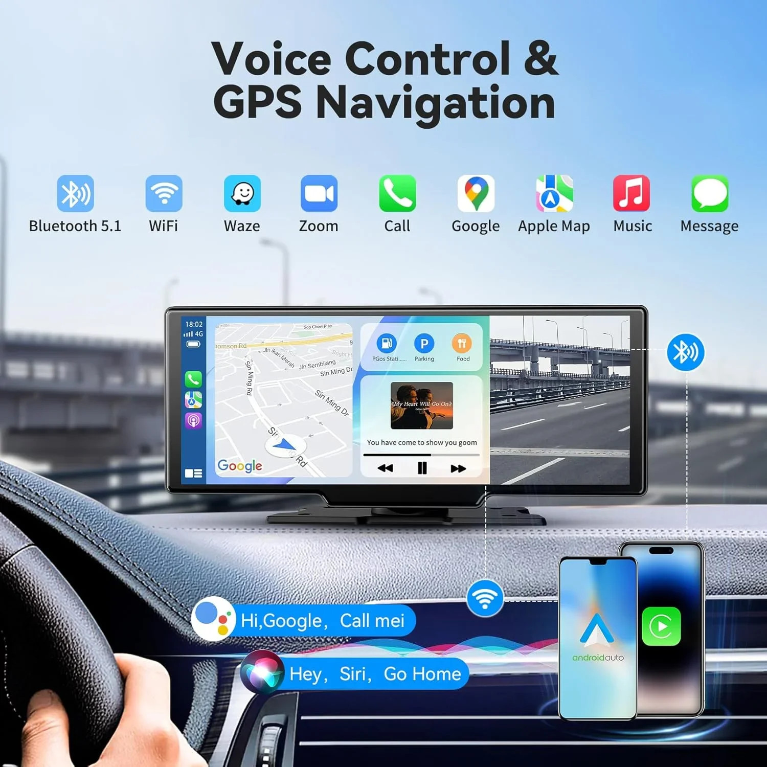10.26 inch Dash Cam 4K Car DVR Wireless Carplay Android Auto GPS Navigation