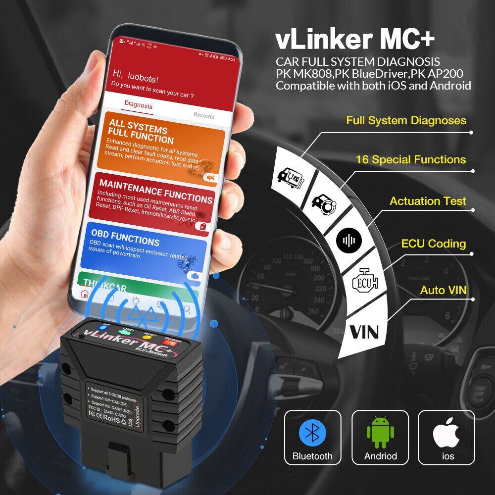 VLinker MC 4.0 Bluetooth Supports Android IOS OBDII Vehicle Diagnostic Tool V2.2