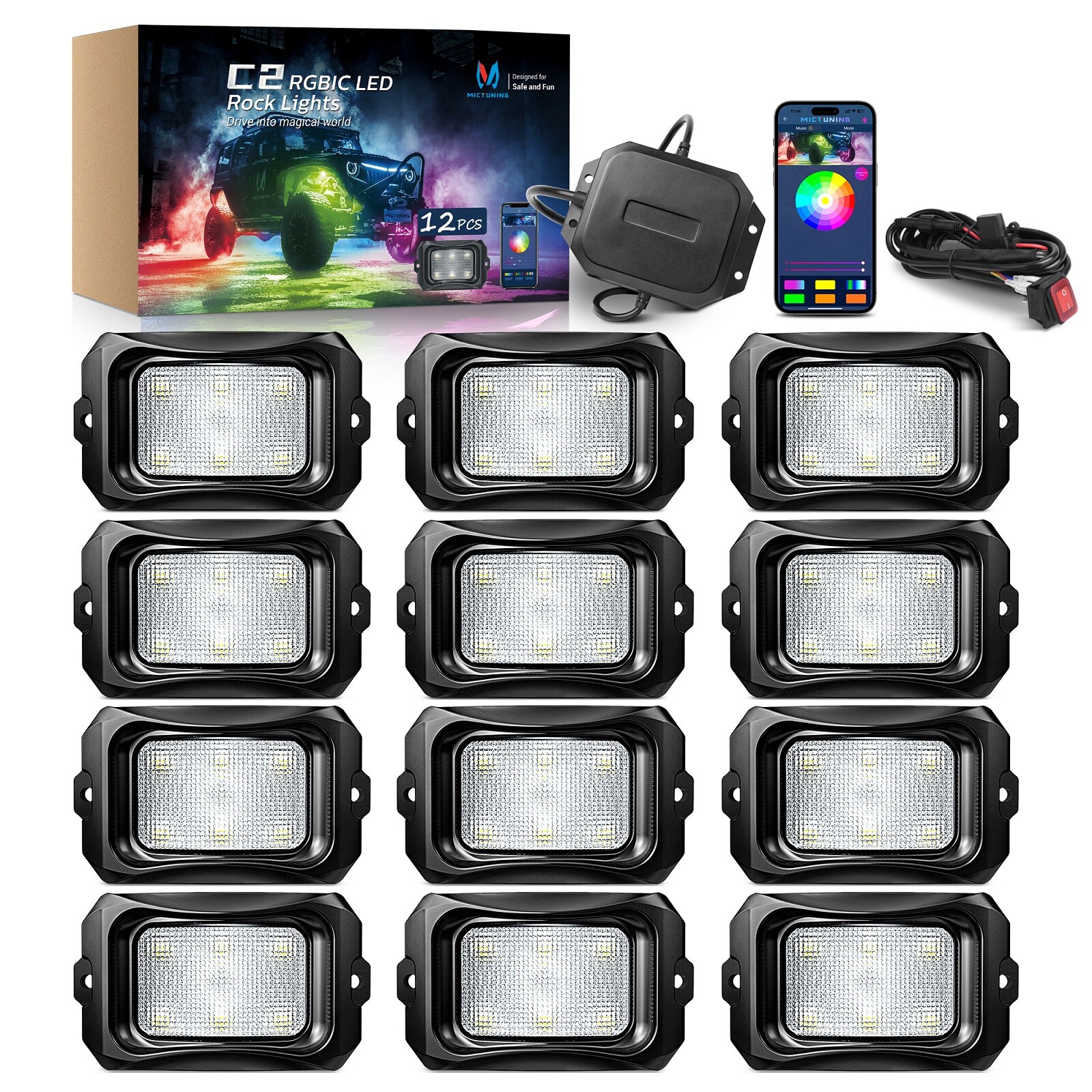 MICTUNING C2 Max RGB-IC LED Rock Lights Kit – 12 Pods Dream Color Chasing Lights
