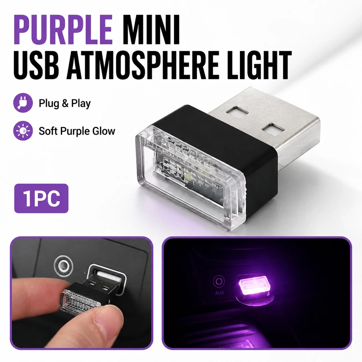 USB Purple LED Mini Car Atmosphere Light Cigarette Lighter Interior Decor Light