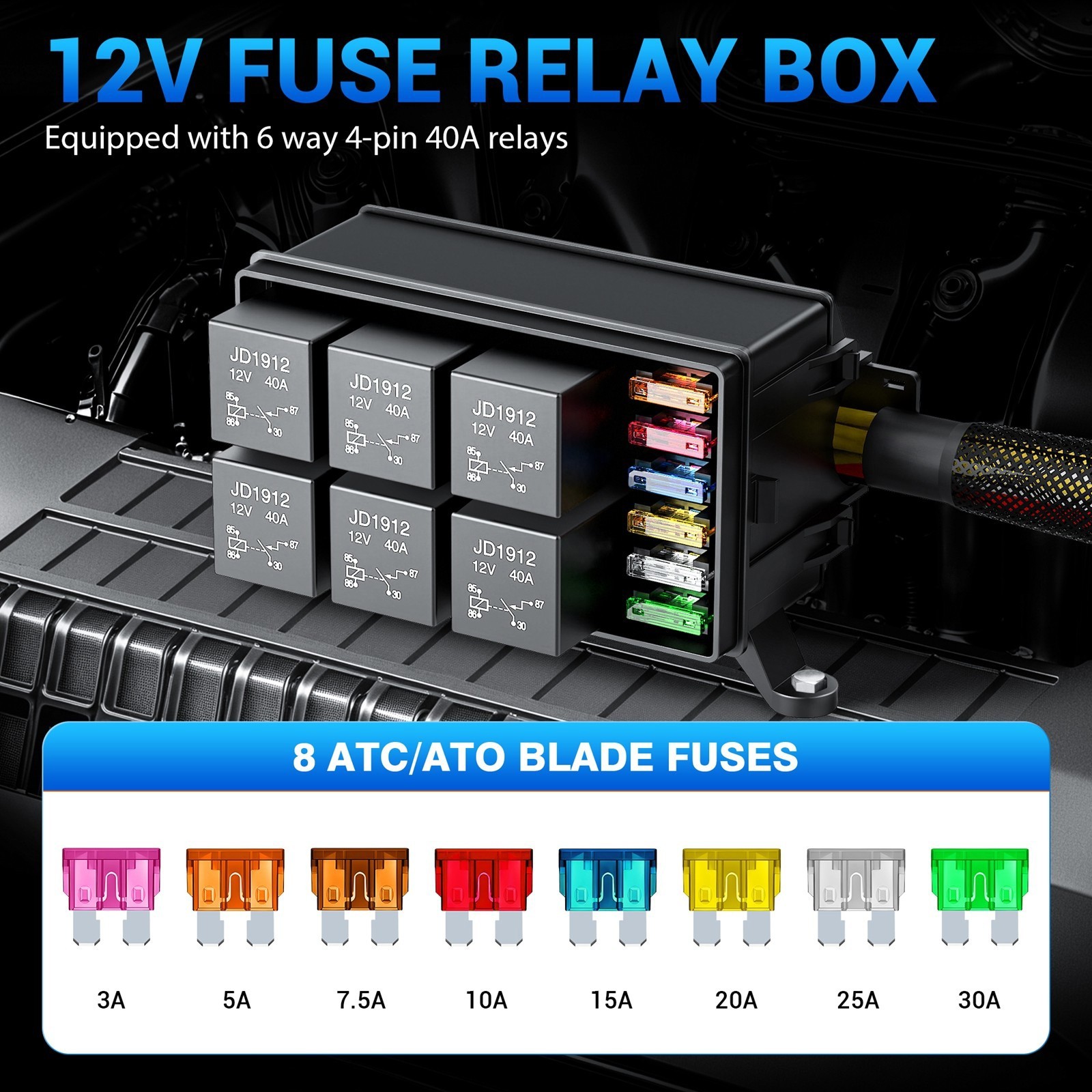 Universal 12V Waterproof Automotive 6 ATO Fuse Relay Box Block w/ Harness Marine