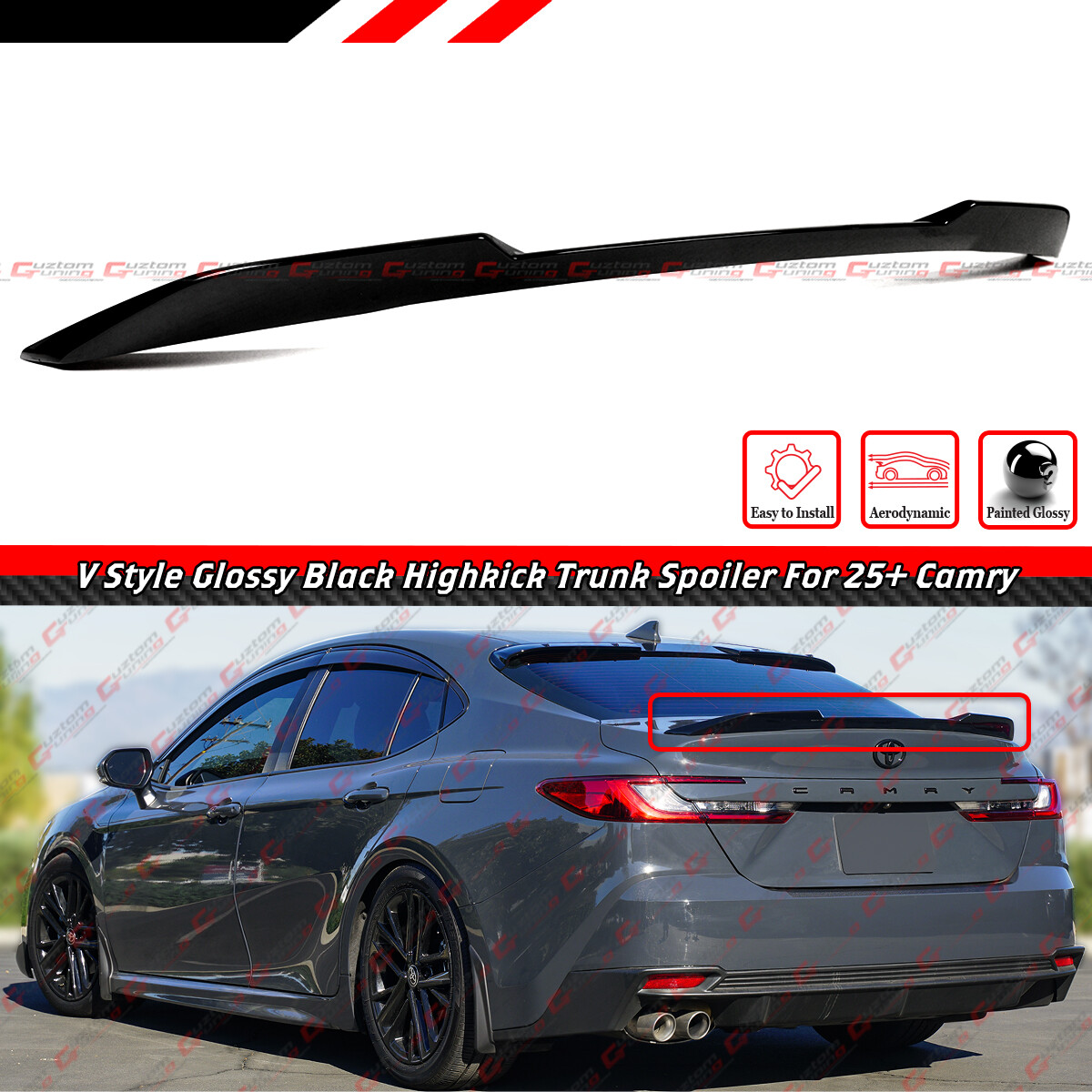 For 2025 Toyota Camry LE XLE SE XSE V Style Glossy Black High Kick Trunk Spoiler
