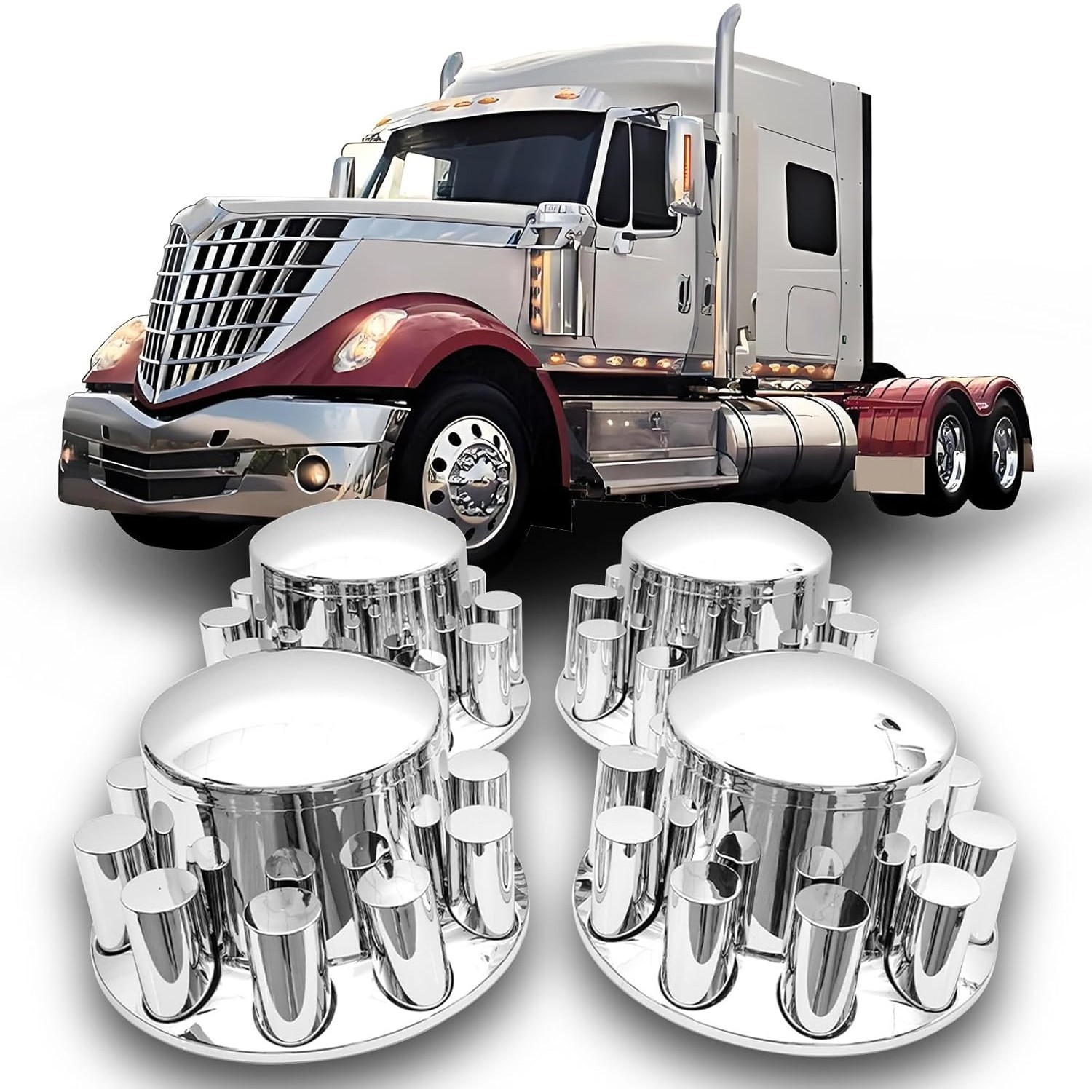 4 Rear Dome Axle Covers 33mm Thread On Chrome Flat Lug Nut Caps for Semi Truck