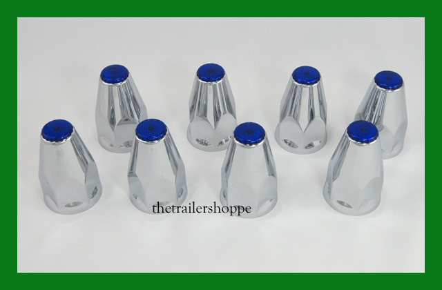 Chrome Lug Nut Covers with Flanges and Blue Reflectors 33mm ABS Plastic 8 PC.