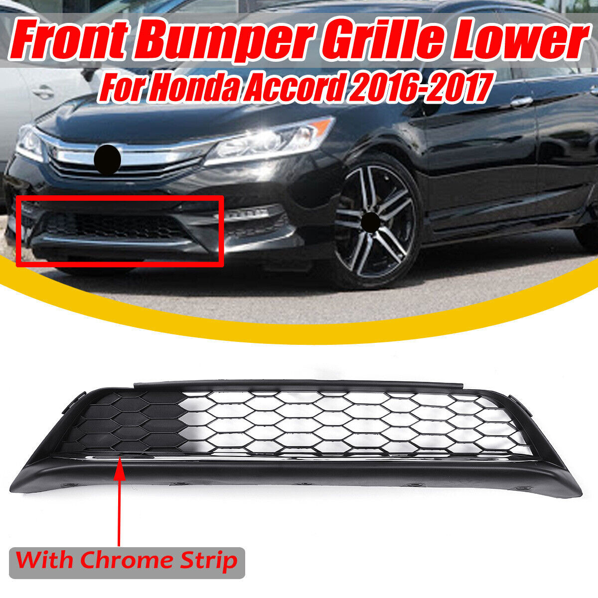 For Honda Accord 2016 – 2017 Sedan Front Bumper Lower Grille Grill W/Chrome Trim