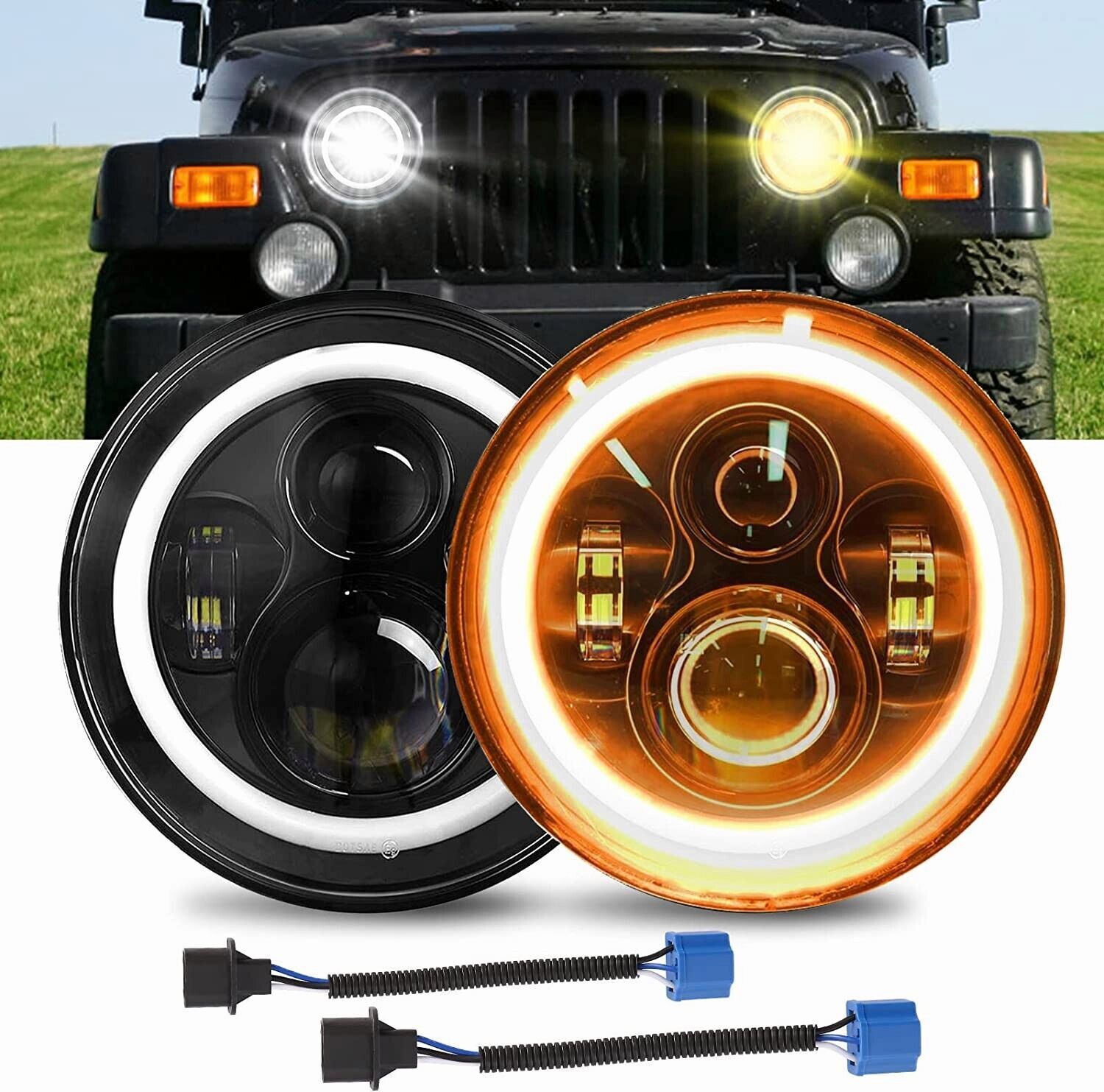 Pairs 7″ Inch Round LED Headlights Halo Angle Eyes For Jeep Wrangler JK LJ TJ CJ