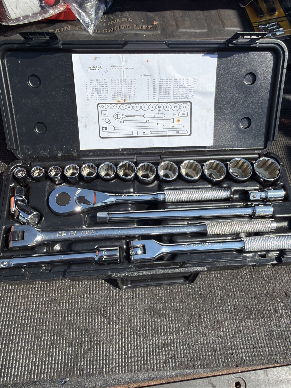 KD TOOLS USA NOS RARE 1/2” Drive Ratchet Socket Set SAE 20pcs 5120-00-081-2307