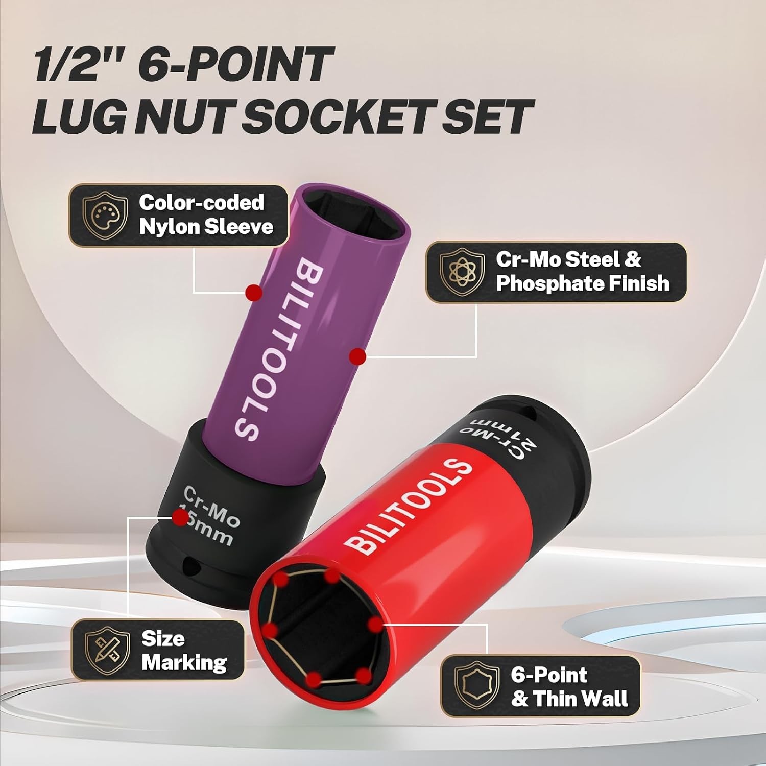 5pcs 1/2’’ Drive Impact Lug Nut Socket Set, 15/17/19/21/22mm | Non-Marring So…