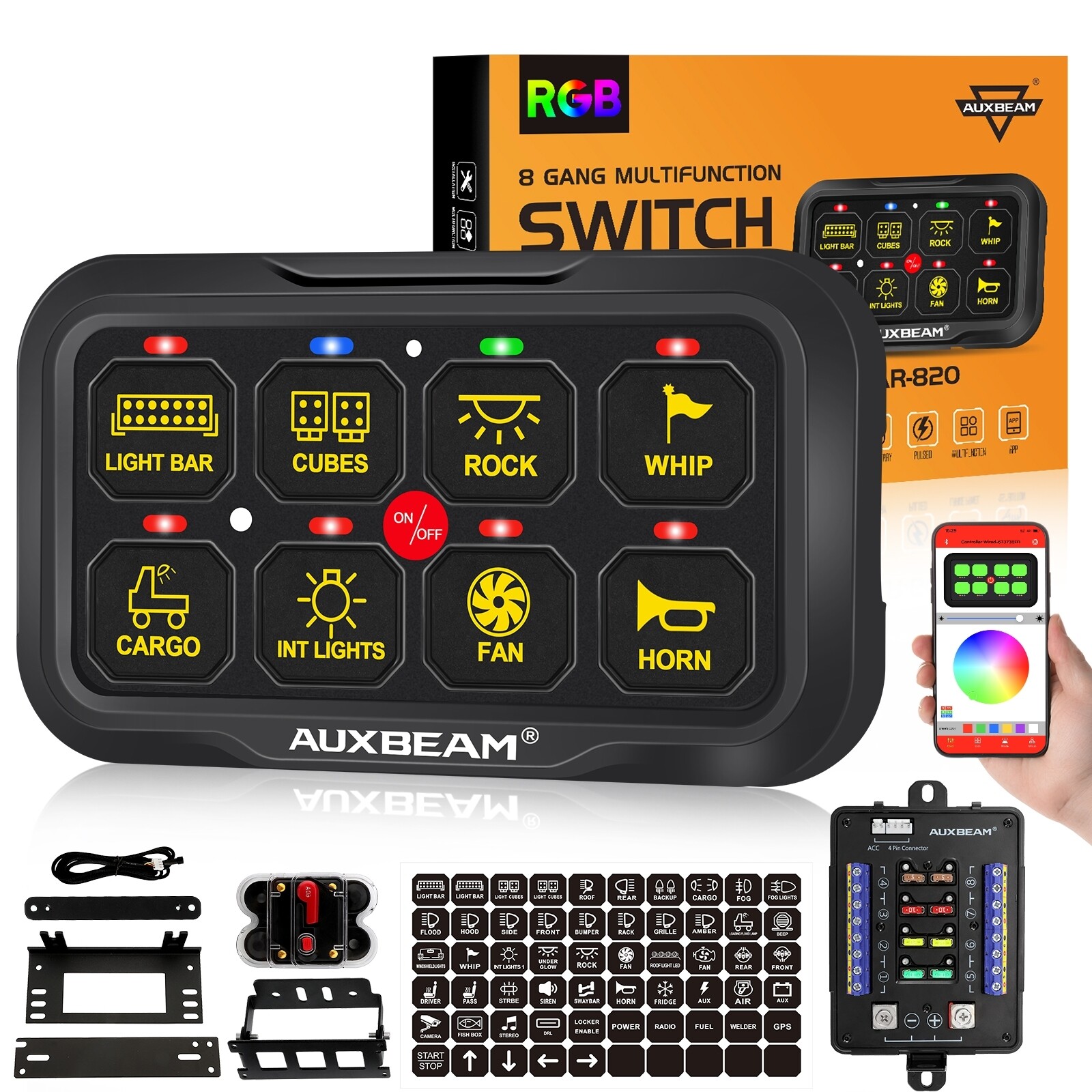 AUXBEAM 8 Gang AR-820 RGB Multifunction Switch Panel Relay System 2-sided Outlet