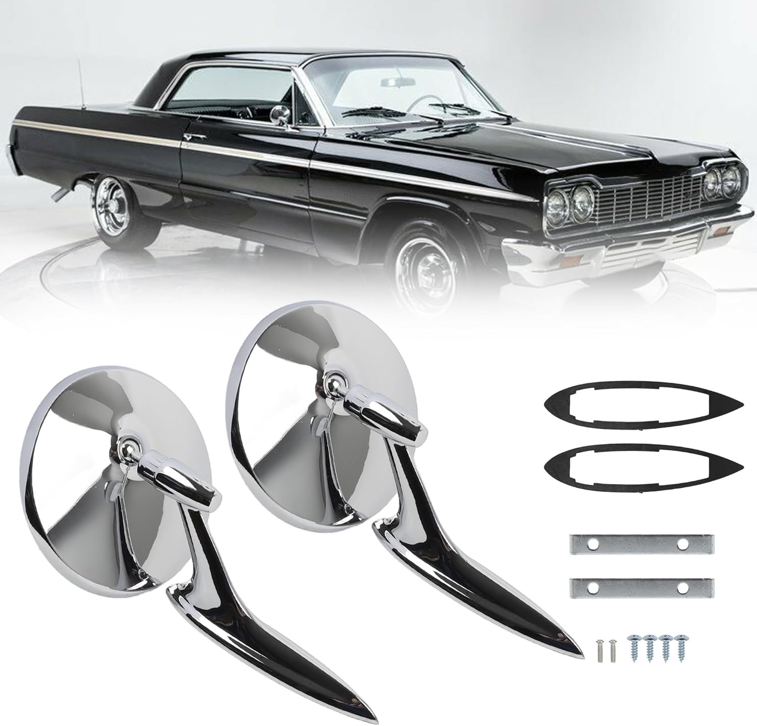 Round Bowtie Outside Rearview Mirrors Ribbed Base Compatible With 1963 1964 1965