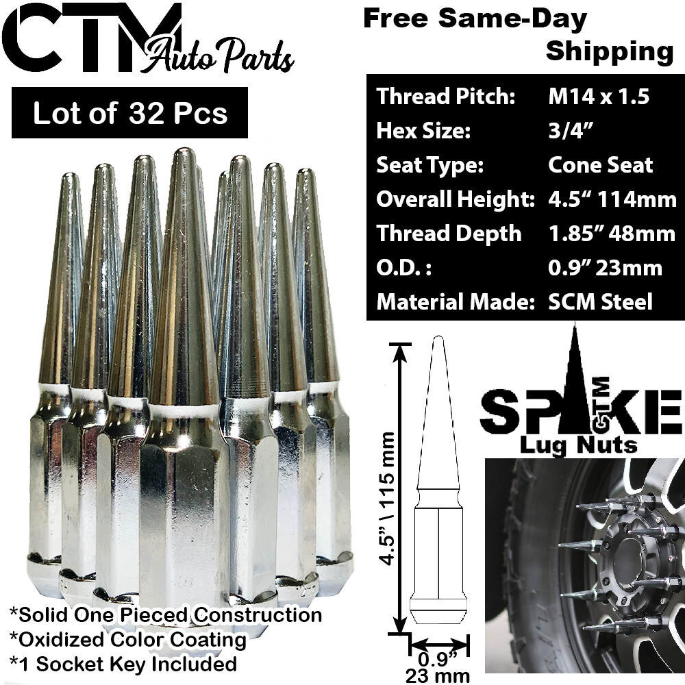32Pc 4.5″ TALL CHROME M14x1.5 SPIKE LUG NUT+KEY FIT CHEVY SILVERADO 8-LUG TRUCK