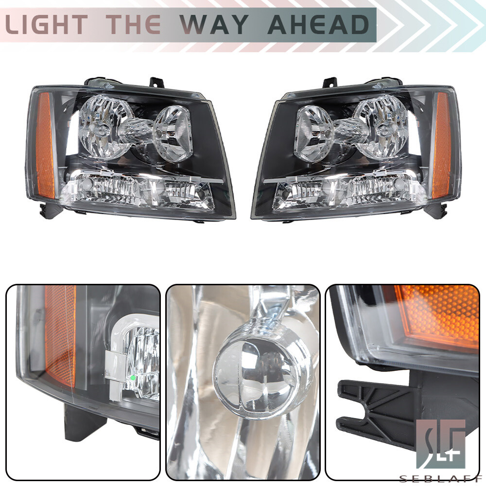 1 Pair Headlights For 2007-2014 Chevy Avalanche Tahoe Suburban Halogen Black
