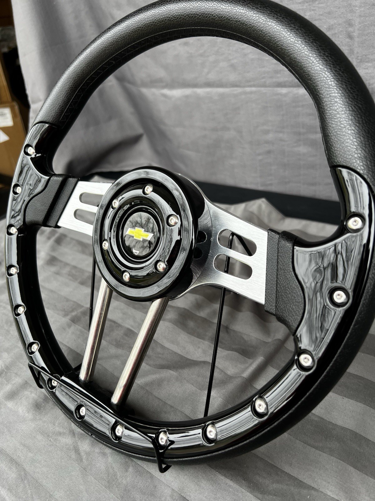 14in Brushed On Black Grip Steering Wheel 6 bolt pattern 3D Chevy Horn button