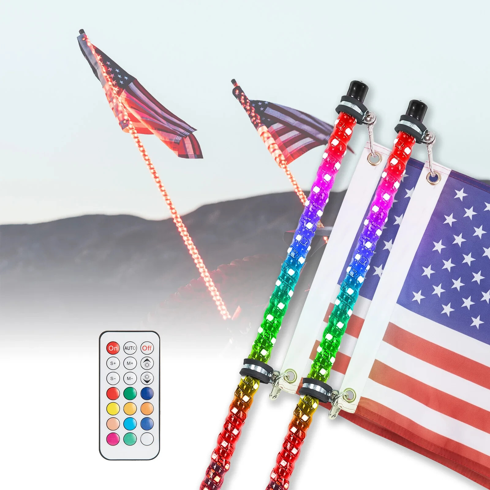KEMIMOTO 2PC 4FT 366 Modes Whip Light Spiral LED Antenna w/Flag&Remote UTV ATV