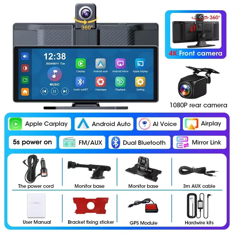 10.26″ 4K Dashcam 360° Rotating Lens Car DVR Wireless Carplay Android Auto GPS