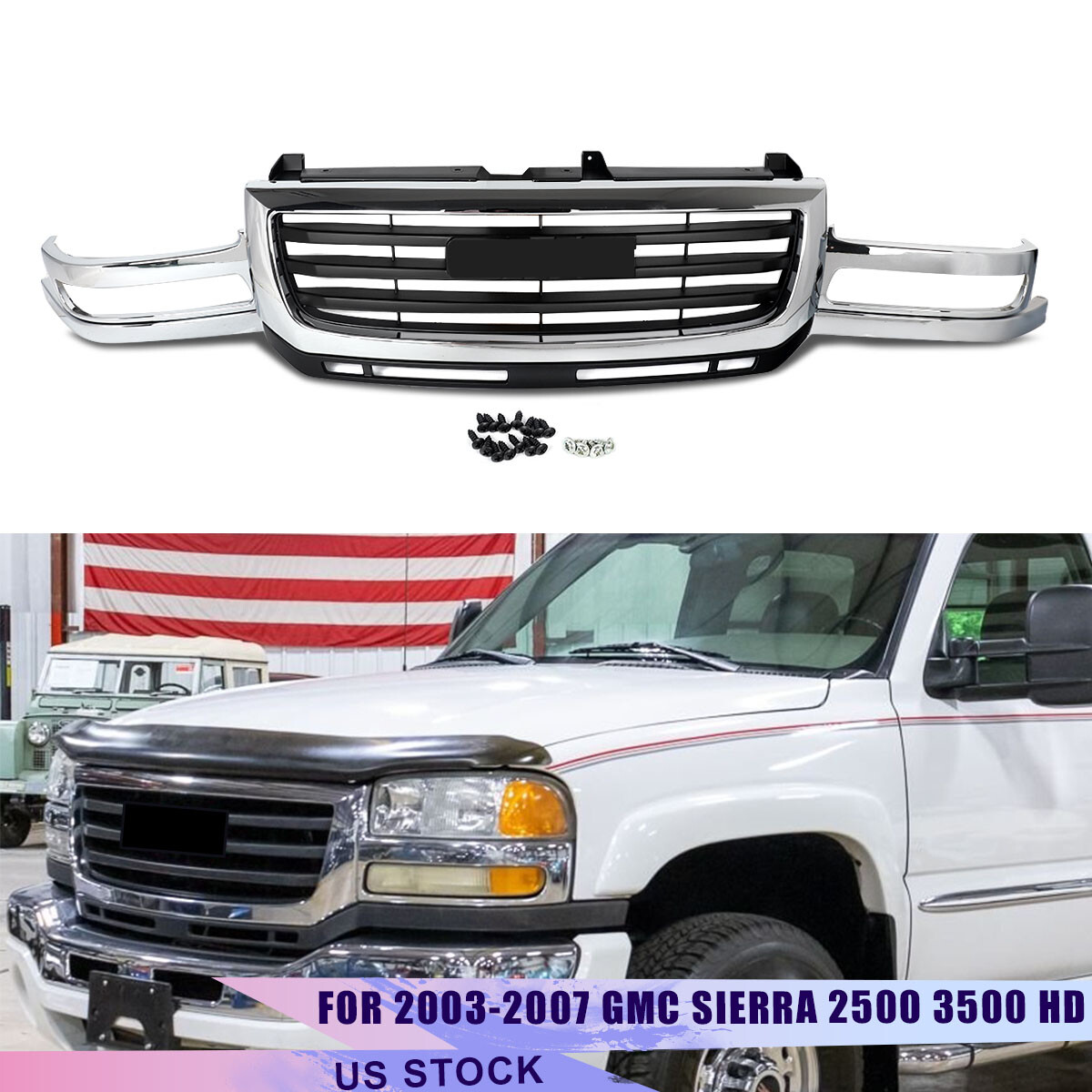 For GMC Sierra 2500/3500 HD 2003-2007 Front Upper Grille Black w/Chrome Shell