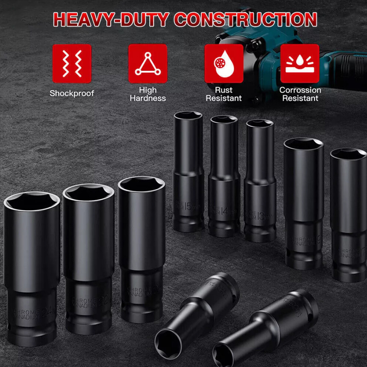 10PCS 1/2″ Deep Impact Socket Set Drive 6 Point Metric Garage Tool 10 – 24mm USA