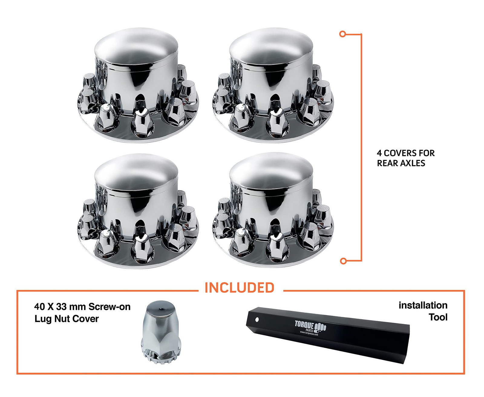 4 of Chrome Rear Axle Wheel Covers w/ Hub Caps 33mm Lug Nuts Screw-on