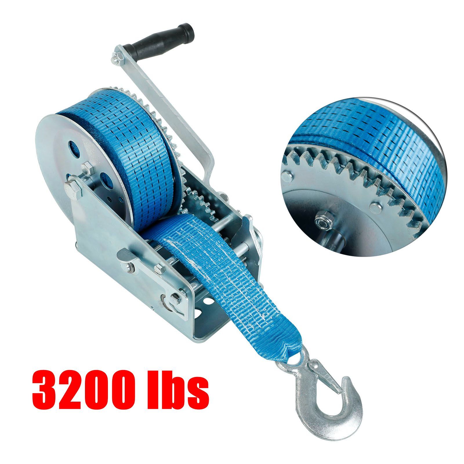 3200lbs Hand Winch Polyester Strap 2 Gear Crank Boat ATV Trailer RV Blue