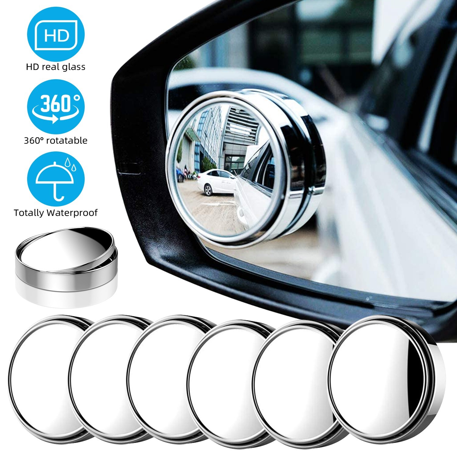 6x Blind Spot Mirrors Round HD Glass Convex 360° Side Small Rear View for Car