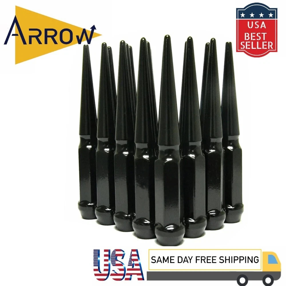 32 Pcs 6″ Extra Tall Black 9/16-18 Spike Lug Nuts and Key Fit: Dodge Ram