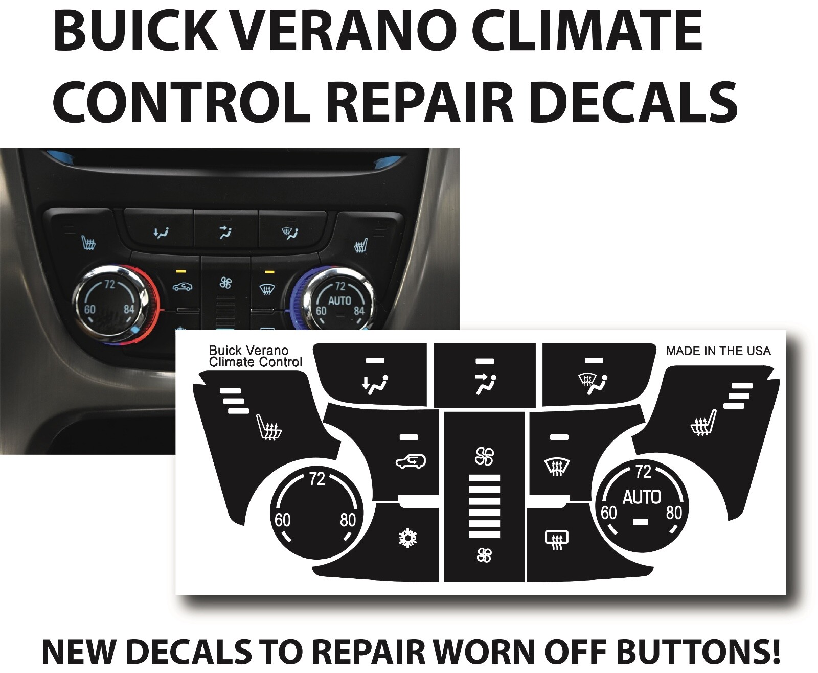 2012-2015 Buick Verano Climate Control Black Button Repair Decal Sticker Set