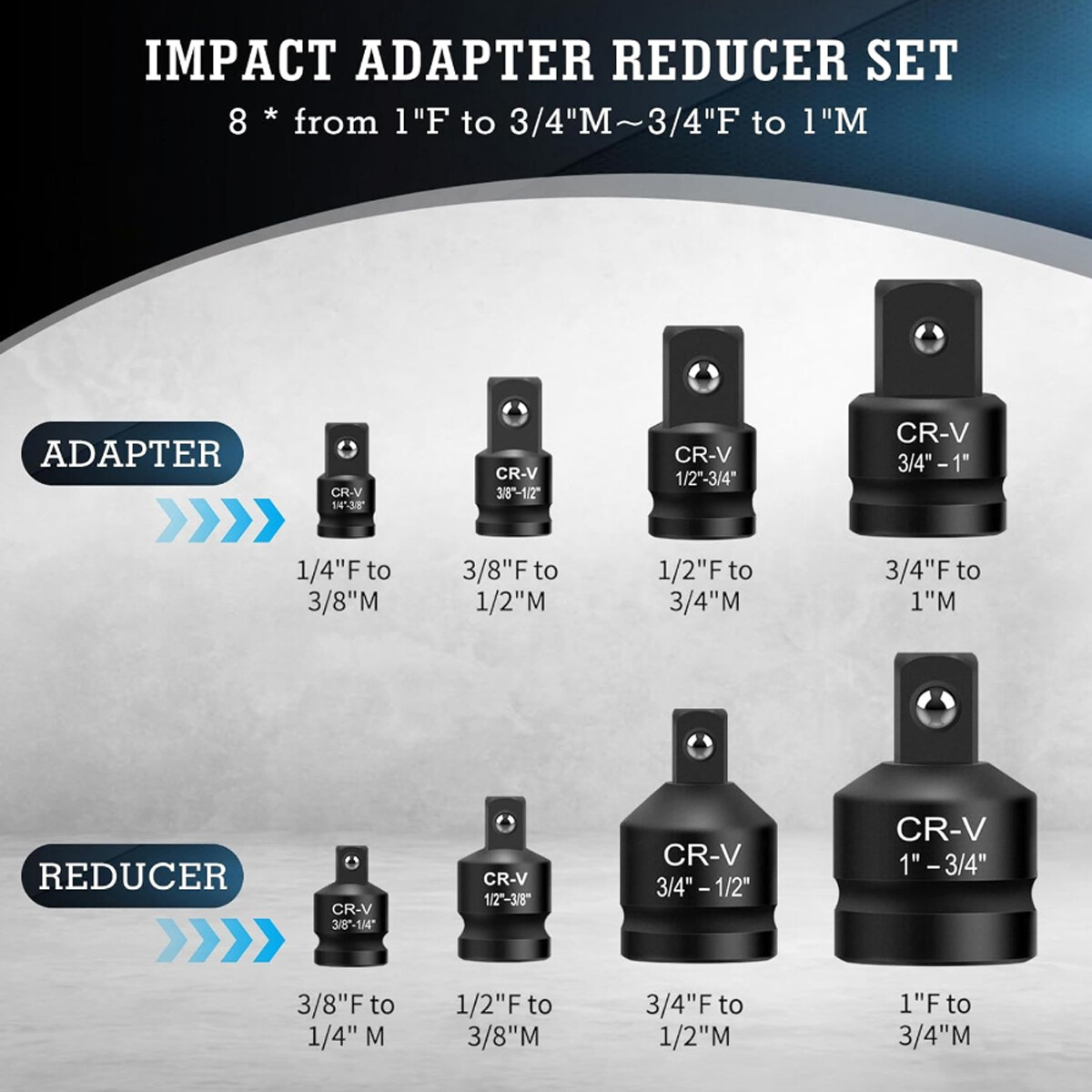 8PCS 3/8″ to 1/4″ 1/2 inch Drive Ratchet SOCKET ADAPTER REDUCER Air Impact Sets