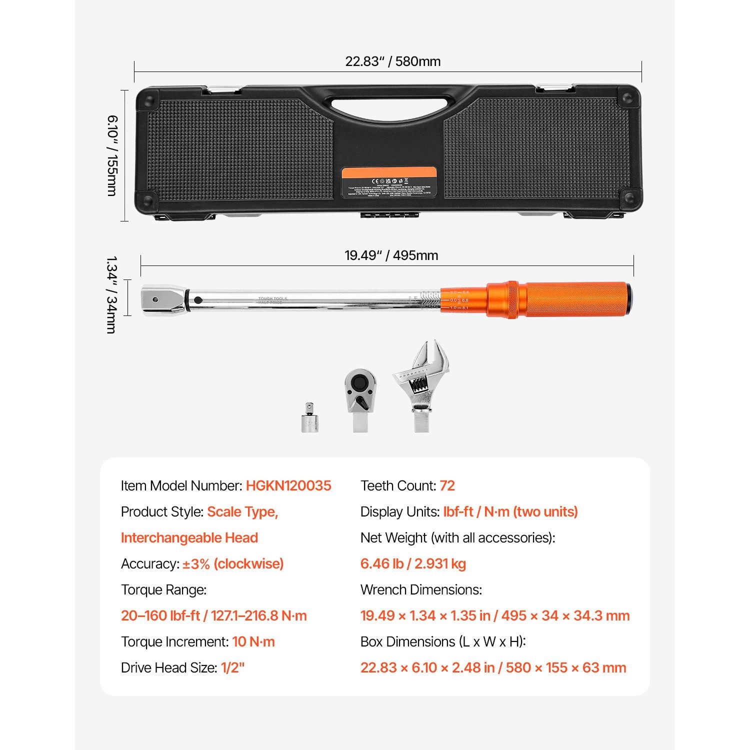 Click Torque Wrench w/ Interchangeable Heads 1/2, 20-160 lb-ft, ±2% Precision