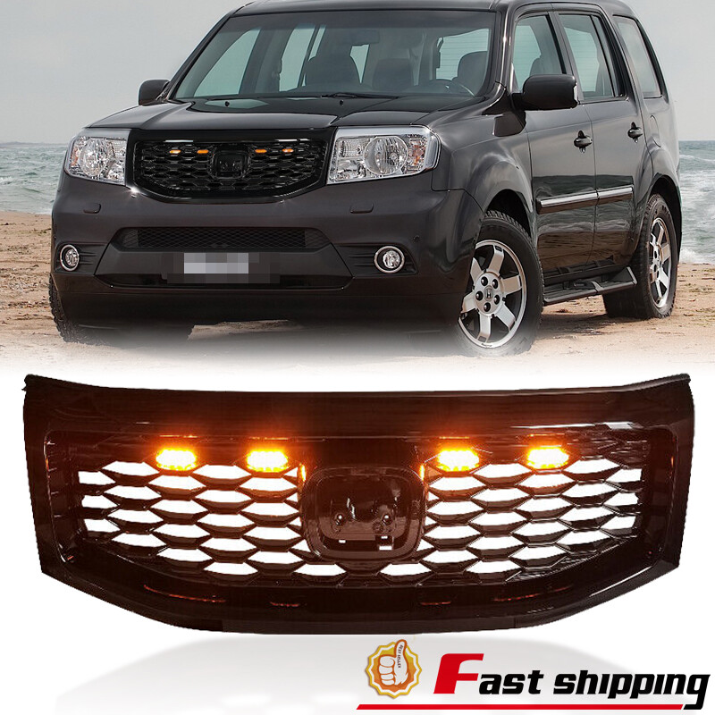 Honeycomb Gloss Black Grill Fit Honda Pilot 2012-2015 Front Upper Grill w/Lights