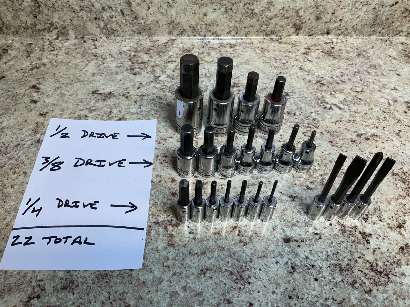 Mixed Lot of 22 Snap on Tools Hex Bit Sockets 1/4” 3/8” 1/2″ Various Drive SAE