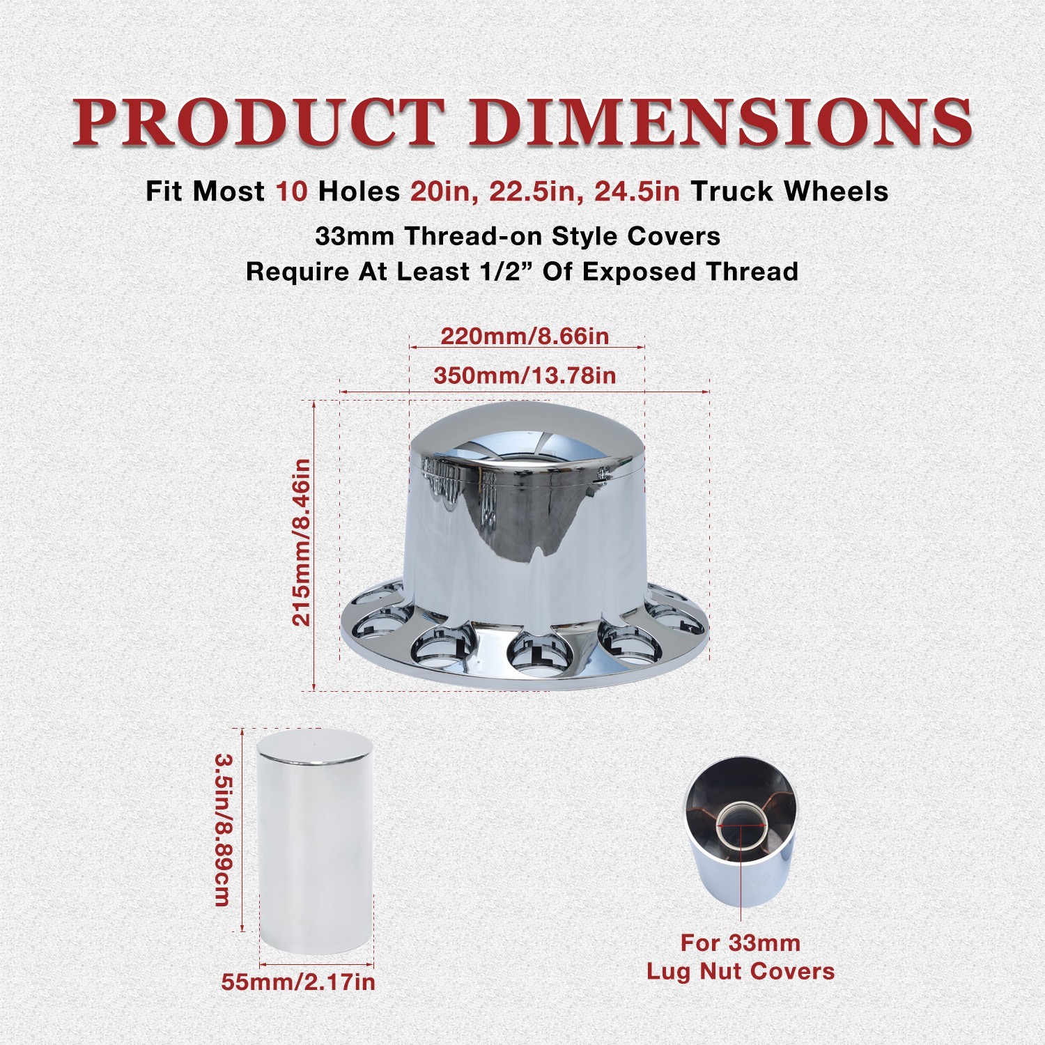 4 Rear Dome Axle Covers 33mm Thread On Chrome Flat Lug Nut Caps for Semi Truck