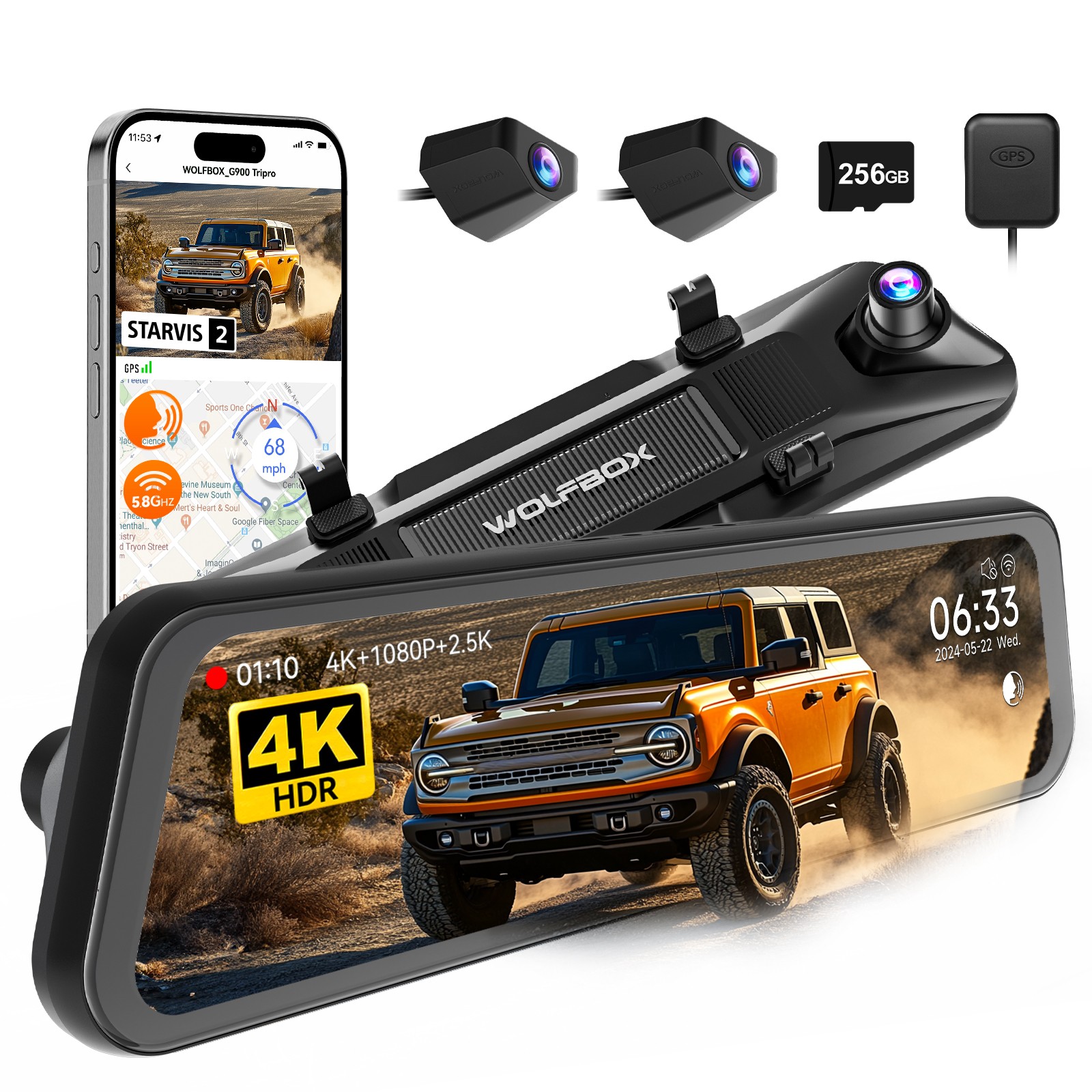WOLFBOX G900 Tripro Bumper 12″ 4K Mirror Dash Camera 3 Channel WiFi Night Vision