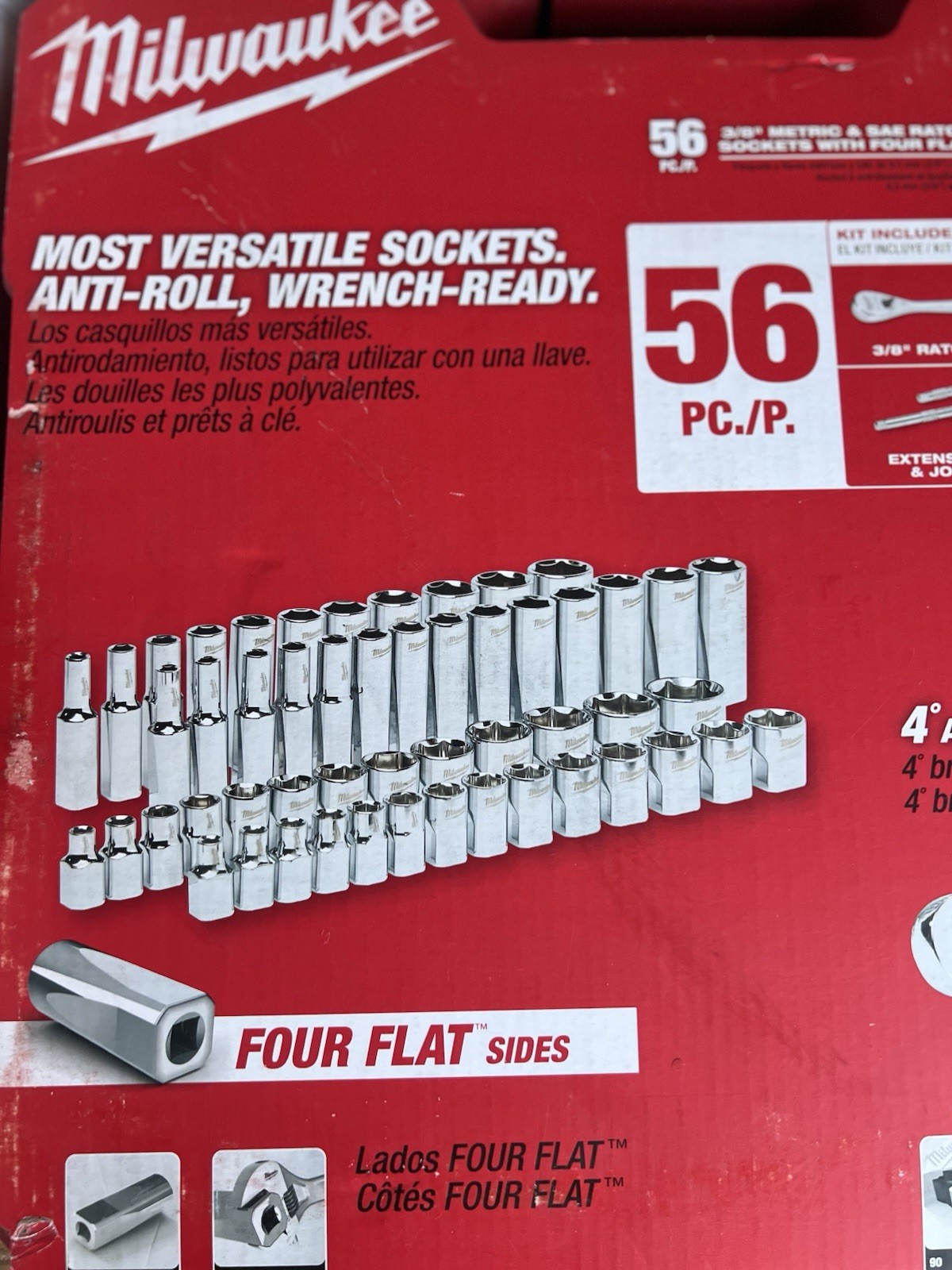 [NEW] (48-22-9008) Milwaukee 3/8″ Drive 56pc Ratchet & Socket Set with FOUR FLAT