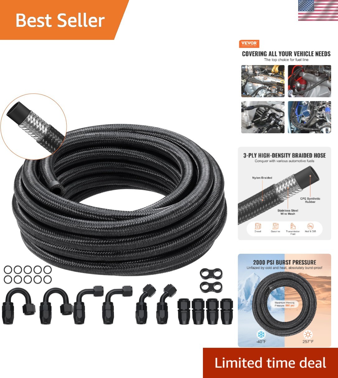 6AN Fuel Line Kit 20 Ft with 12 Fittings Compatible With Automotive Fuel Systems