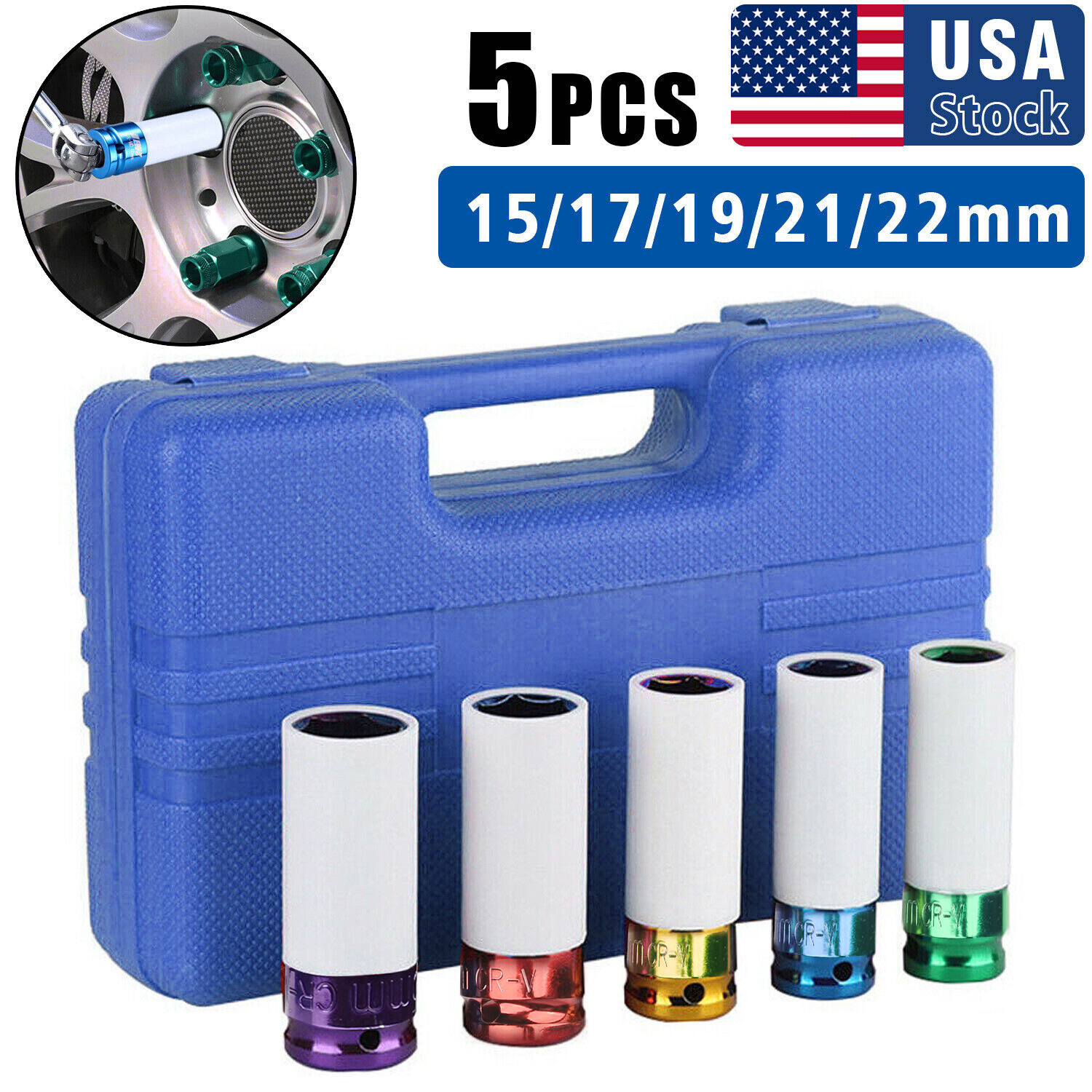 5PC Impact Drive Lug Nut Socket 1/2” Thin Wall Wheel Rim Protector Set 15-22mm